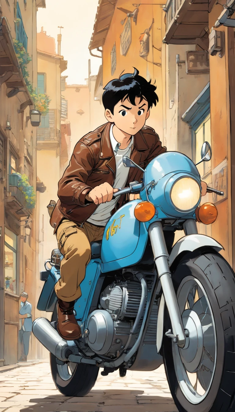 Tintin, male wearing dark brown leather jacket, white shirt and brown cargo pants, slick and neat short black hair, herge, european comics, heroic pose, motorcycle, with blue eyes white cat