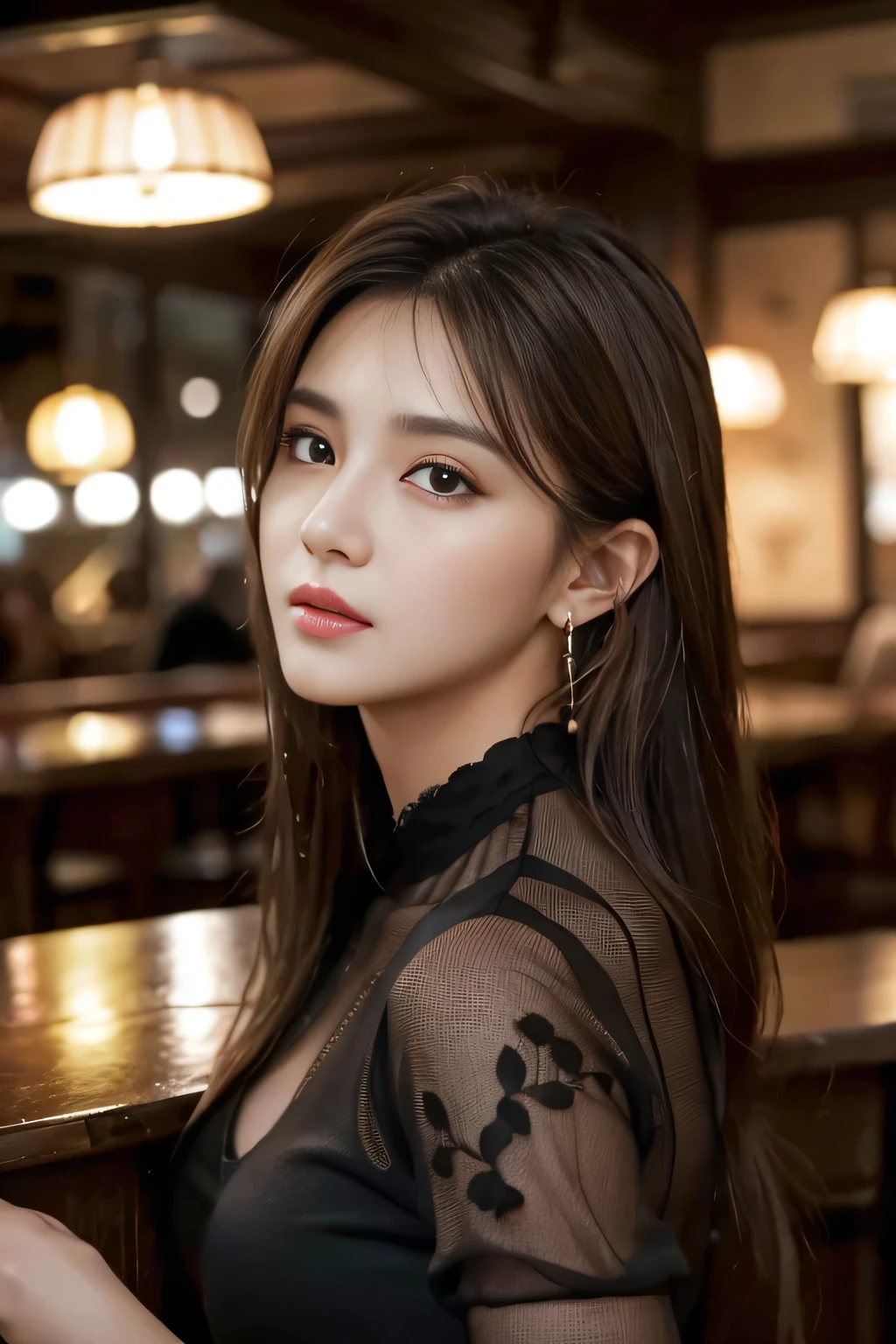 masterpiece, highest quality, Realistic, Very detailed, Finer details, High resolution, 8k wallpaper, One beautiful woman, Wear a black see-through shirt, In a great pub restaurant, At night, Light brown messy hair, Perfect dynamic composition, Beautiful and beautiful eyes、Big earrings