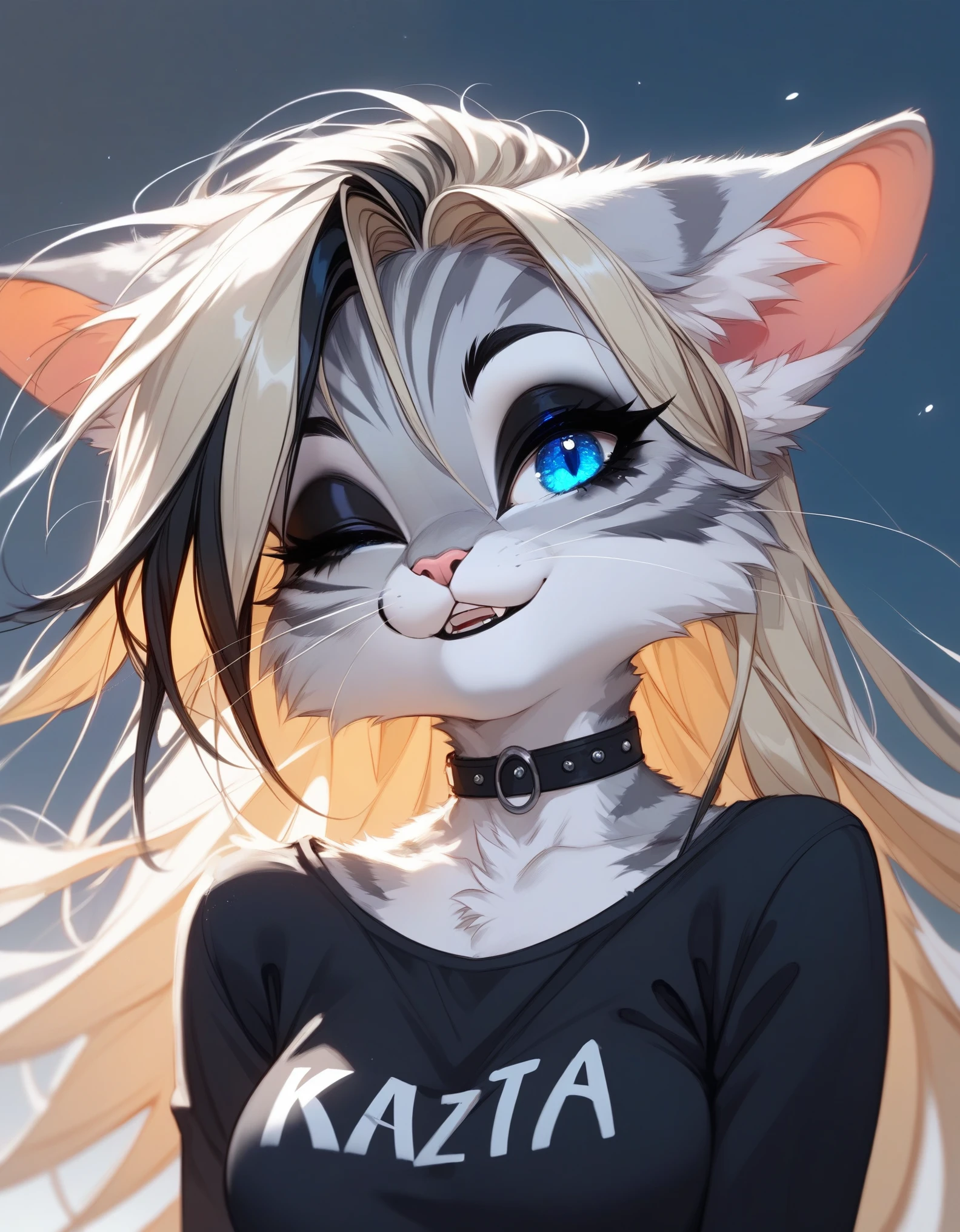 Solo, score_9,score_8_up,score_7_up, source_cartoon, source_furry, (Kat, Anthro furry feline girl, blue eyes, silver fur, grey stripes, long blonde hair with black highlights, black eyeliner, black mascara), wearing sexy goth clothing, upper body shot, winking, grinning