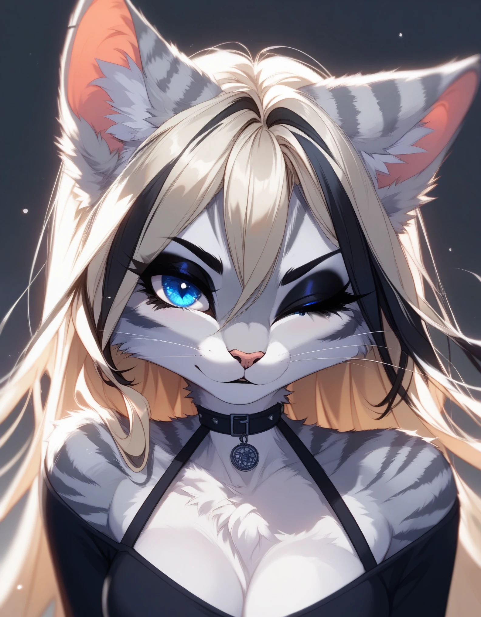Solo, score_9,score_8_up,score_7_up, source_cartoon, source_furry, (Kat, Anthro furry feline girl, blue eyes, silver fur, grey stripes, long blonde hair with black highlights, black eyeliner, black mascara), wearing sexy goth clothing, upper body shot, winking, grinning