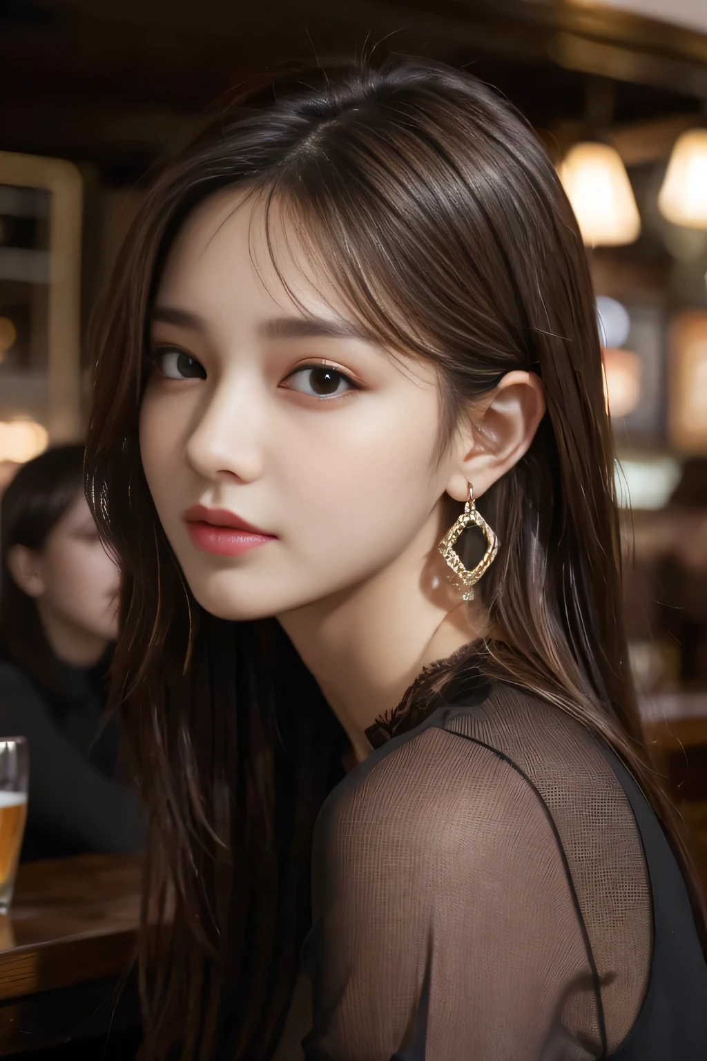 masterpiece, highest quality, Realistic, Very detailed, Finer details, High resolution, 8k wallpaper, One beautiful woman, Wear a black see-through shirt, In a great pub restaurant, At night, Light brown messy hair, Perfect dynamic composition, Beautiful and beautiful eyes、Big earrings