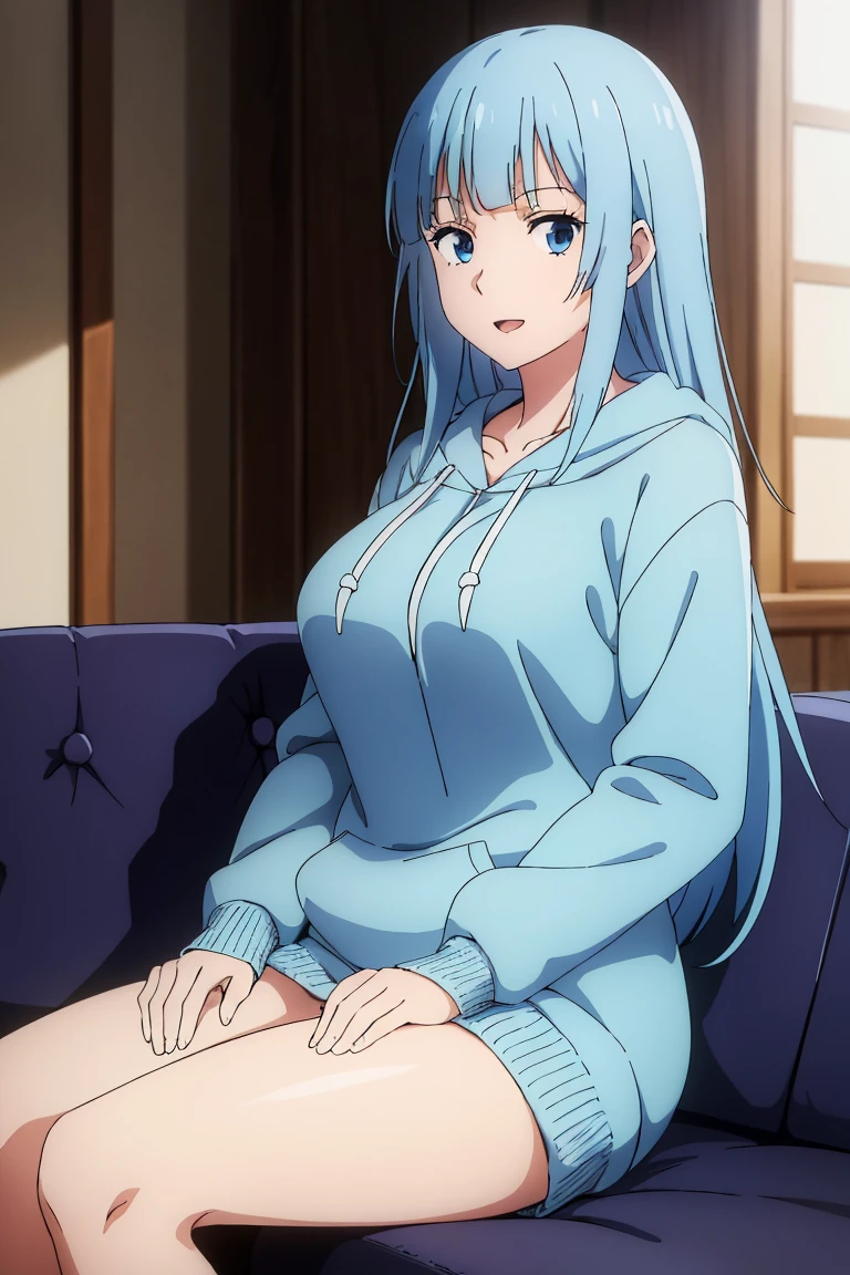 (extremely detailed CG unity 8k wallpaper),(masterpiece),(best quality),(ultra-detailed),(best illustration),(best shadow),(absurdres), Kasumi, 1girl, solo, blue hair, long hair, blue eyes, smile, holding, bangs, blunt bangs, indoors, upper body, open mouth, straight hair, long sleeves, hoodie, thick hoodie, white hoodie strings, sitting on couch, large breasts, hands in lap, thick thighs