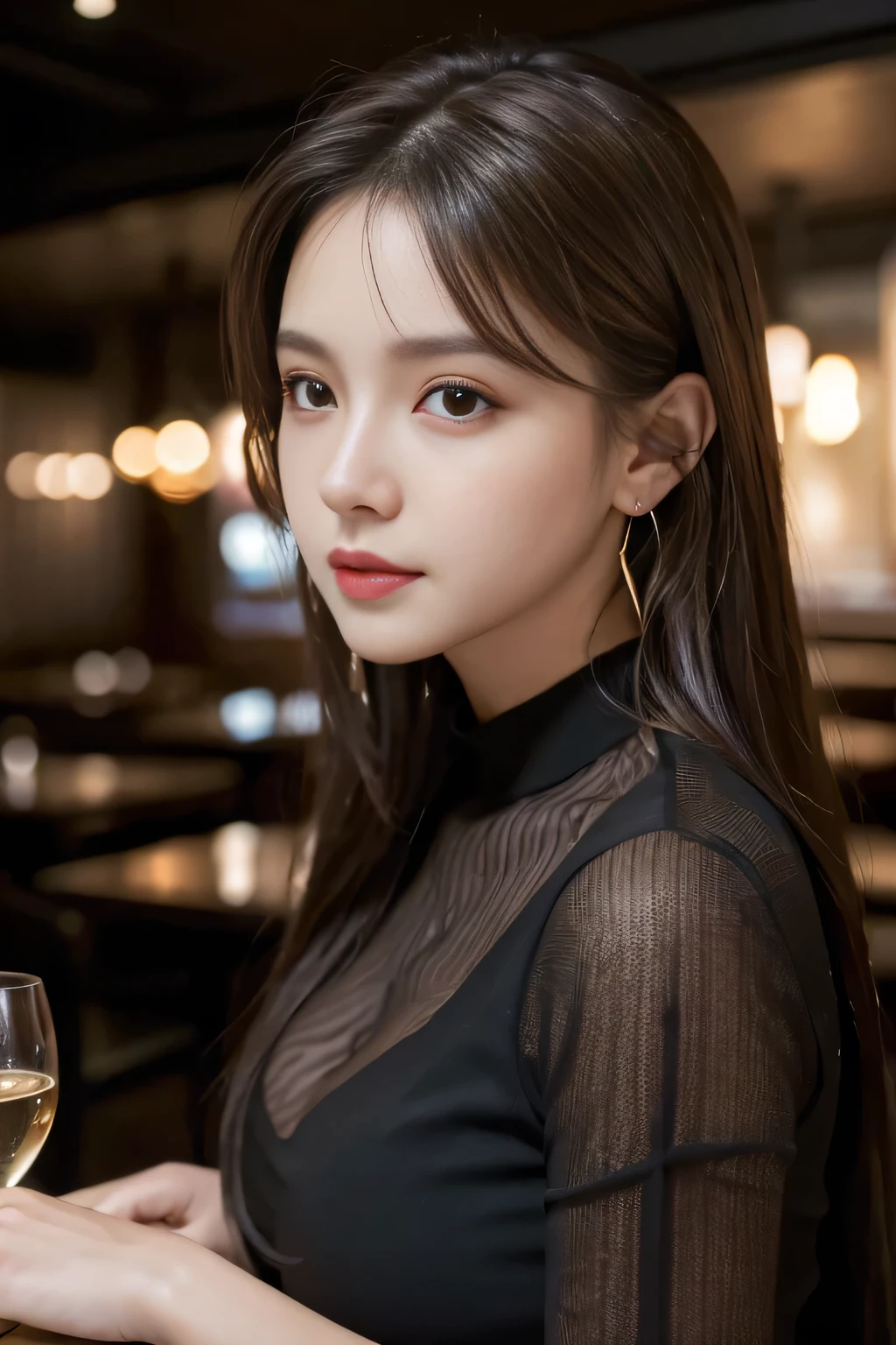 masterpiece, highest quality, Realistic, Very detailed, Finer details, High resolution, 8k wallpaper, One beautiful woman, Wear a black see-through shirt, In a great restaurant, At night, Light brown messy hair, Perfect dynamic composition, Beautiful and beautiful eyes、Big earrings