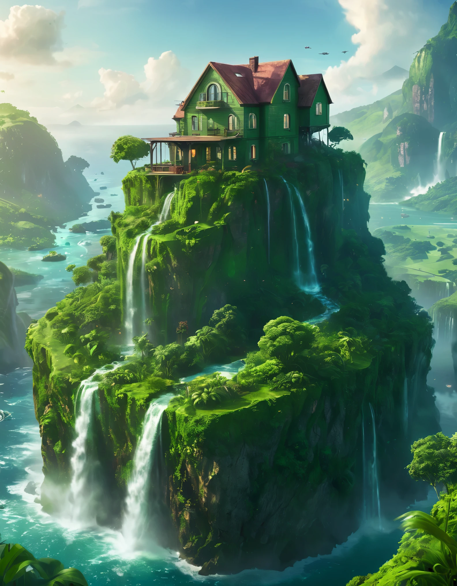 a house sitting on top of a lush green hillside, epic concept art. bokeh, in avengers movie, detailed –n 9, myst island, nvidia promotional image, underwater home, the artist has used bright, with waterfalls, rendered image