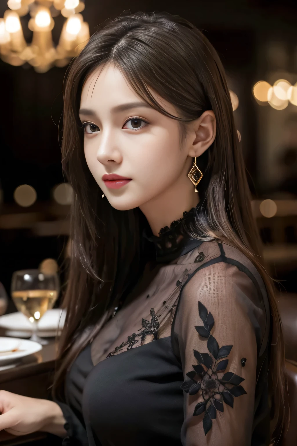 masterpiece, highest quality, Realistic, Very detailed, Finer details, High resolution, 8k wallpaper, One beautiful woman, Wear a black see-through shirt, In a great restaurant, At night, Light brown messy hair, Perfect dynamic composition, Beautiful and beautiful eyes、Big earrings
