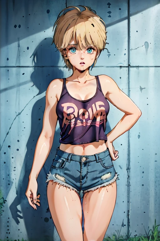 blue eyes, blonde hair, ruined makeup, (extremely detailed CG unity 4k wallpaper),(masterpiece),(best quality),(ultra-detailed),(best illustration),(best shadow),(absurdres),(detailed background), Trailer park trash, Short blonde hair (very Messy), Croptop tank top (filthy), denim short skirt (filthy), Cowgirl boots, Drunk expression, Standing in front of trailer, Bottle in hand,