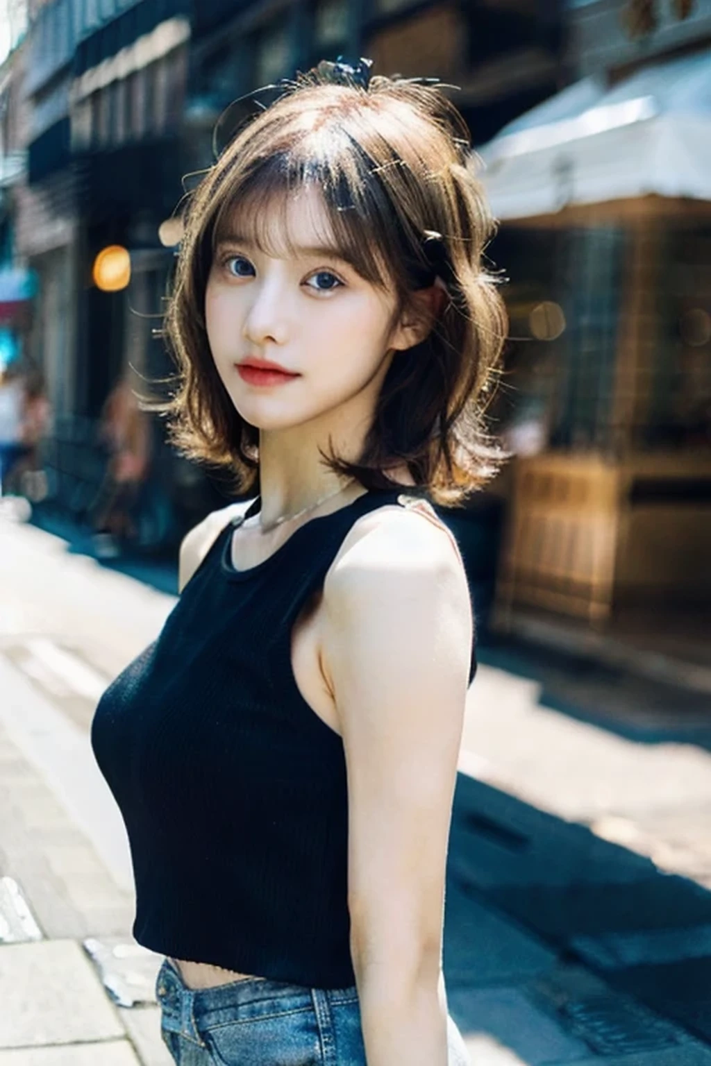 ((medium breast, tomboy girls, small head)), daylight, sunlight, (chiseled abs : 1.1), (perfect body : 1.1), (short wavy hair : 1.2) , auburn hair, collar, chain, full body shot, crowded street, wearing black tanktop, jeans jacket, ((shorts)), (extremely detailed CG 8k wallpaper), (an extremely delicate and beautiful), (masterpiece), (best quality:1.0), (ultra highres:1.0),  beautiful lighting ,perfect lightning, realistic shadows, [highres], detailed skin, ultra-detailed 