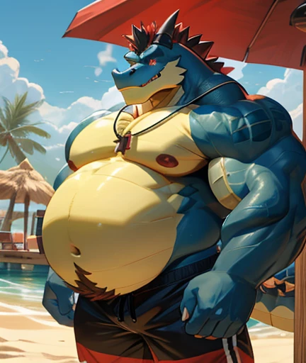 Big buff dark blue cartoon alligator with a ginormously oversized inflated dark blue stomach, deep blue, red eyes, big bellybutton, dark blue back, Black spiky tank top overhanging on top of his huge stomach, green necklace with dragon tooth, concerned look on his face, high pink blushing, spiky beige mohawk hairline, red arm necklace, huge ginormous muscular build with nipples, body hair along his chest and oversized stomach, water dribbling from his muscular body, red lifeguard shorts, sandals, standing on a beach resort in a ready to fart position and farting out a huge enormous light green toxic gas cloud coming out of his tailhole behind him leaving a putrid smell