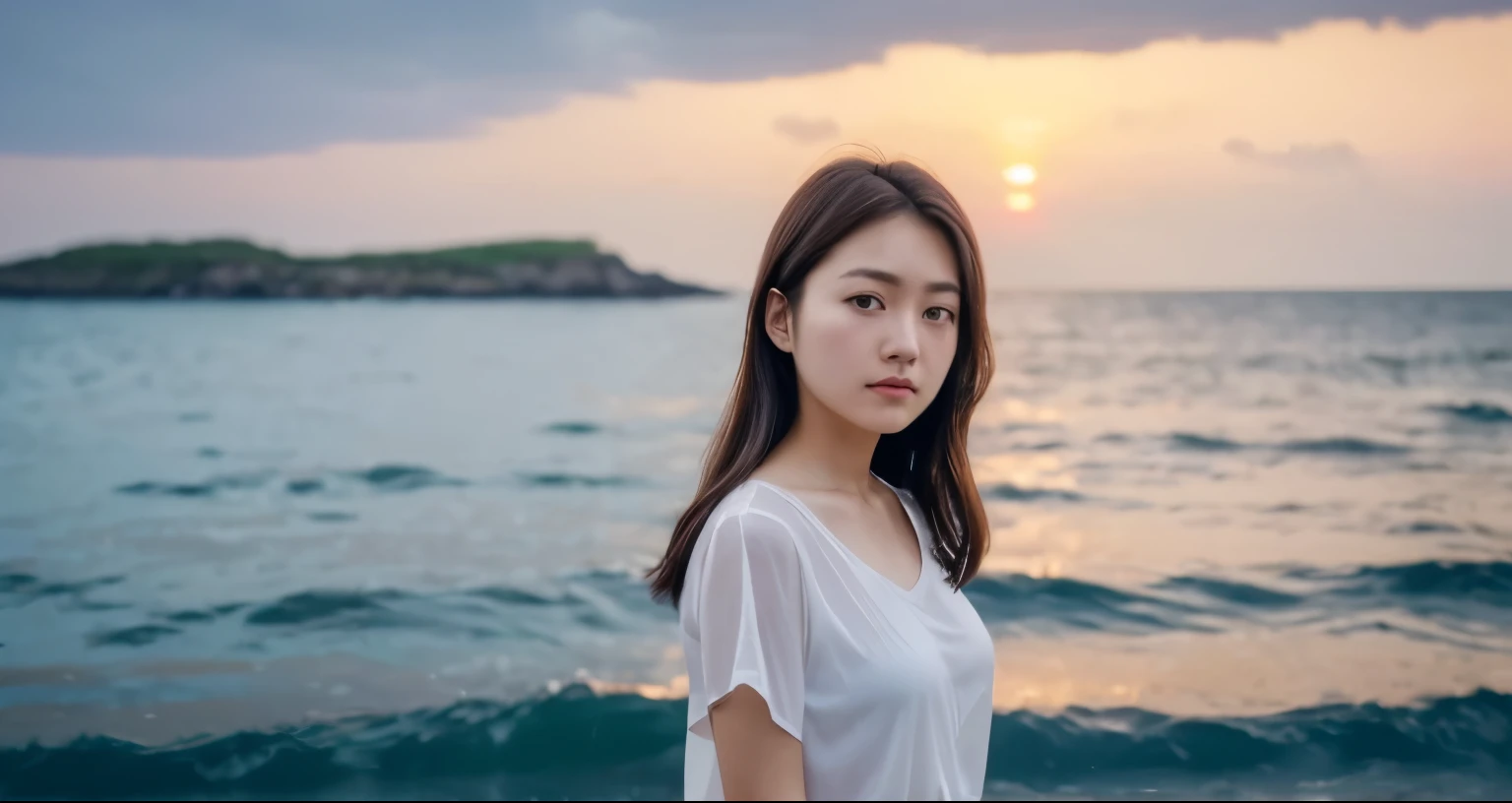 (RAW Photos, highest quality), (Realistic, Blur the background、Photorealistic:1.3),1 girl、solo、Natural soft light、Day本人女性、dark feelings, One girl, alone, View Viewer, Brown Hair, Are standing, Short sleeve, Outdoor, Lips parted, null, Day, cloud, Medium Hair, blue null, Blurred Background, Ocean, 夕Day、Sunset、horizon, 1 female、A photo showing the upper body、Wide-angle