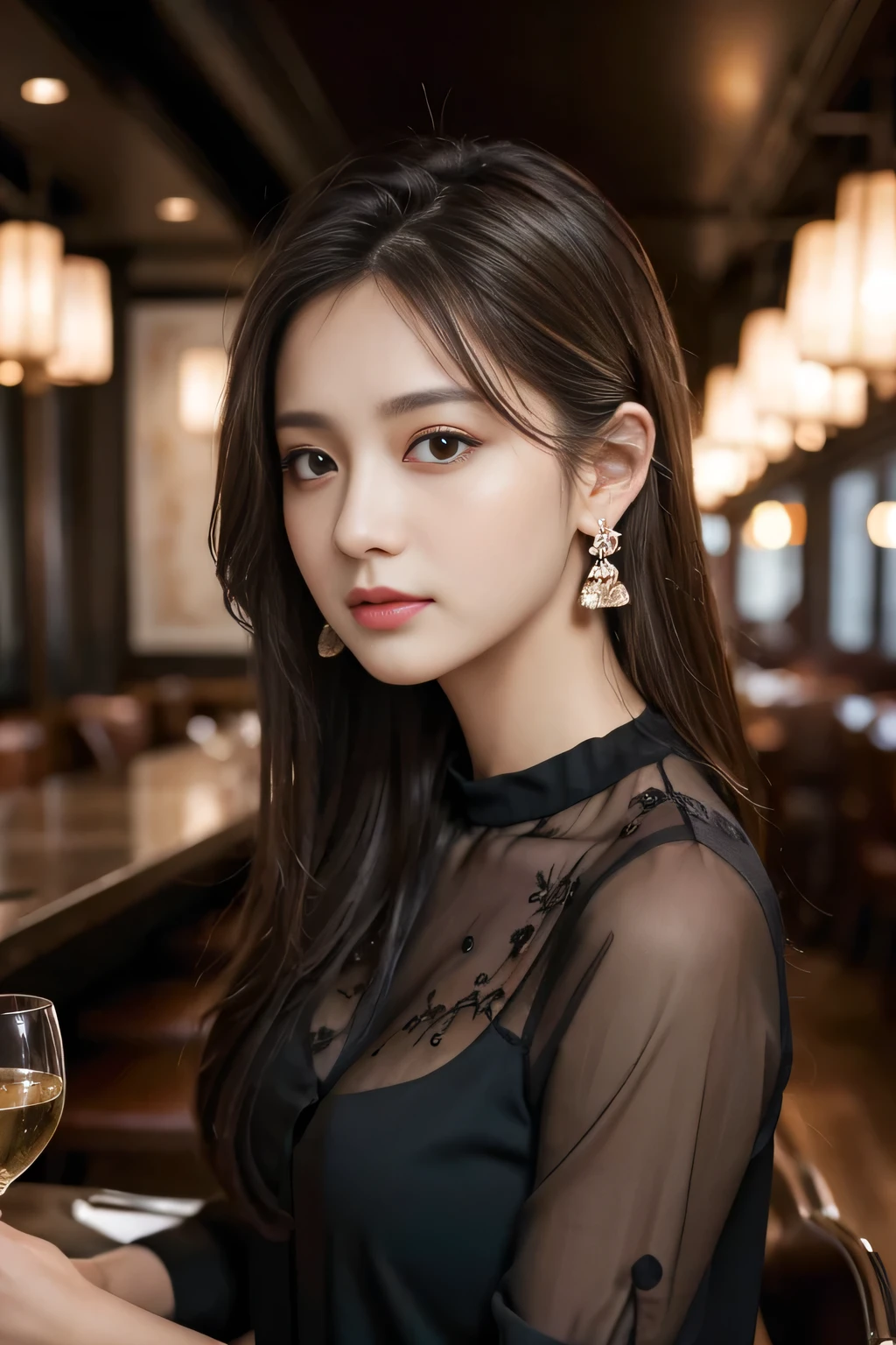 masterpiece, highest quality, Realistic, Very detailed, Finer details, High resolution, 8k wallpaper, One beautiful woman, Wear a black see-through shirt, In a great restaurant, At night, Light brown messy hair, Perfect dynamic composition, Beautiful and beautiful eyes、Big earrings