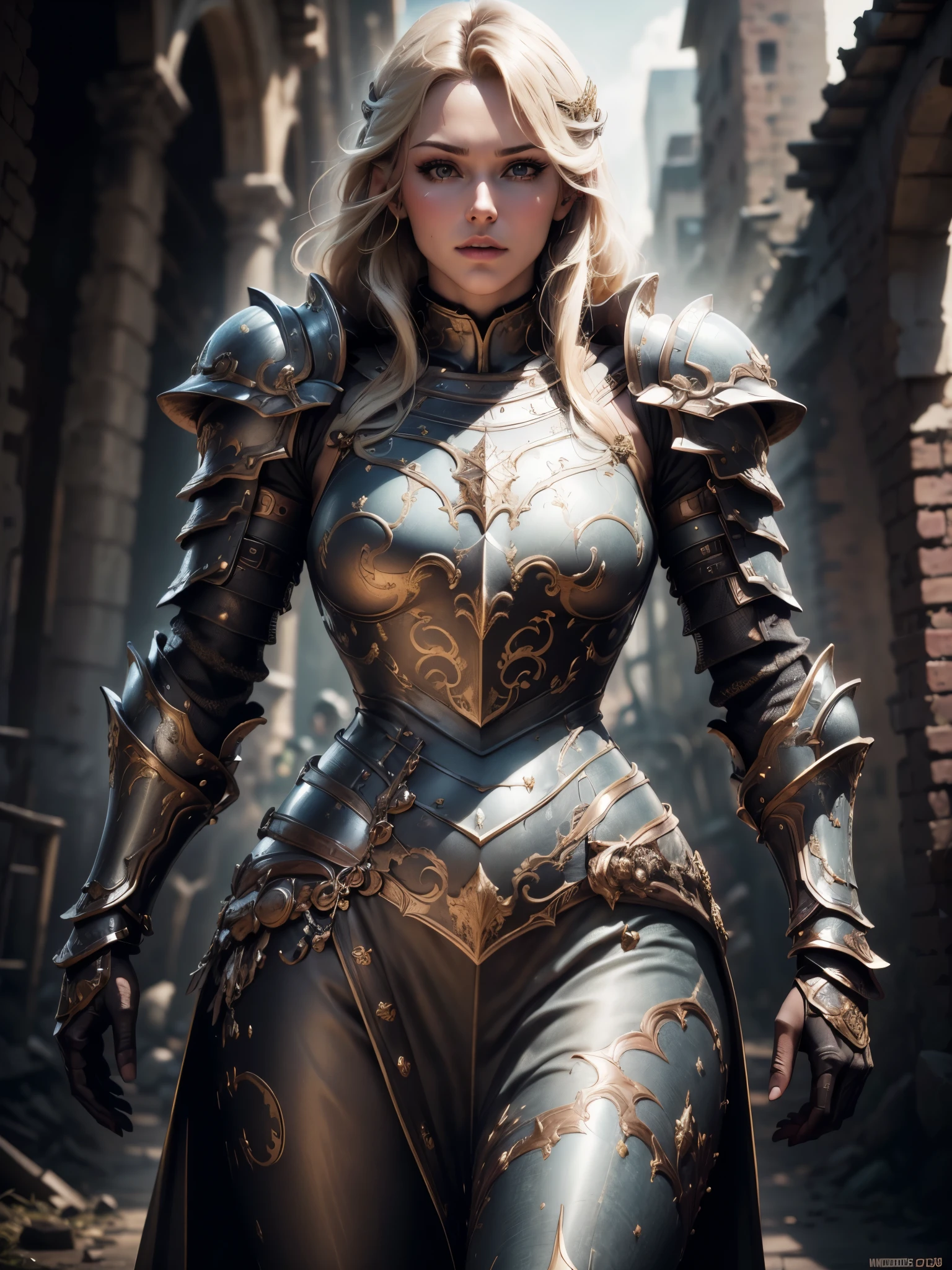 (Masterpiece, Superb Detail, Super Detailed, High Resolution), Male Focus, (((Female Armor))), (((Armor Dress Set))), (She Has Long Blonde Hair, Medium Breasts, Slim, perfect body, beautiful face, turn back, show her butt), Pose for Photo, City Ruins, Background Details, Solo