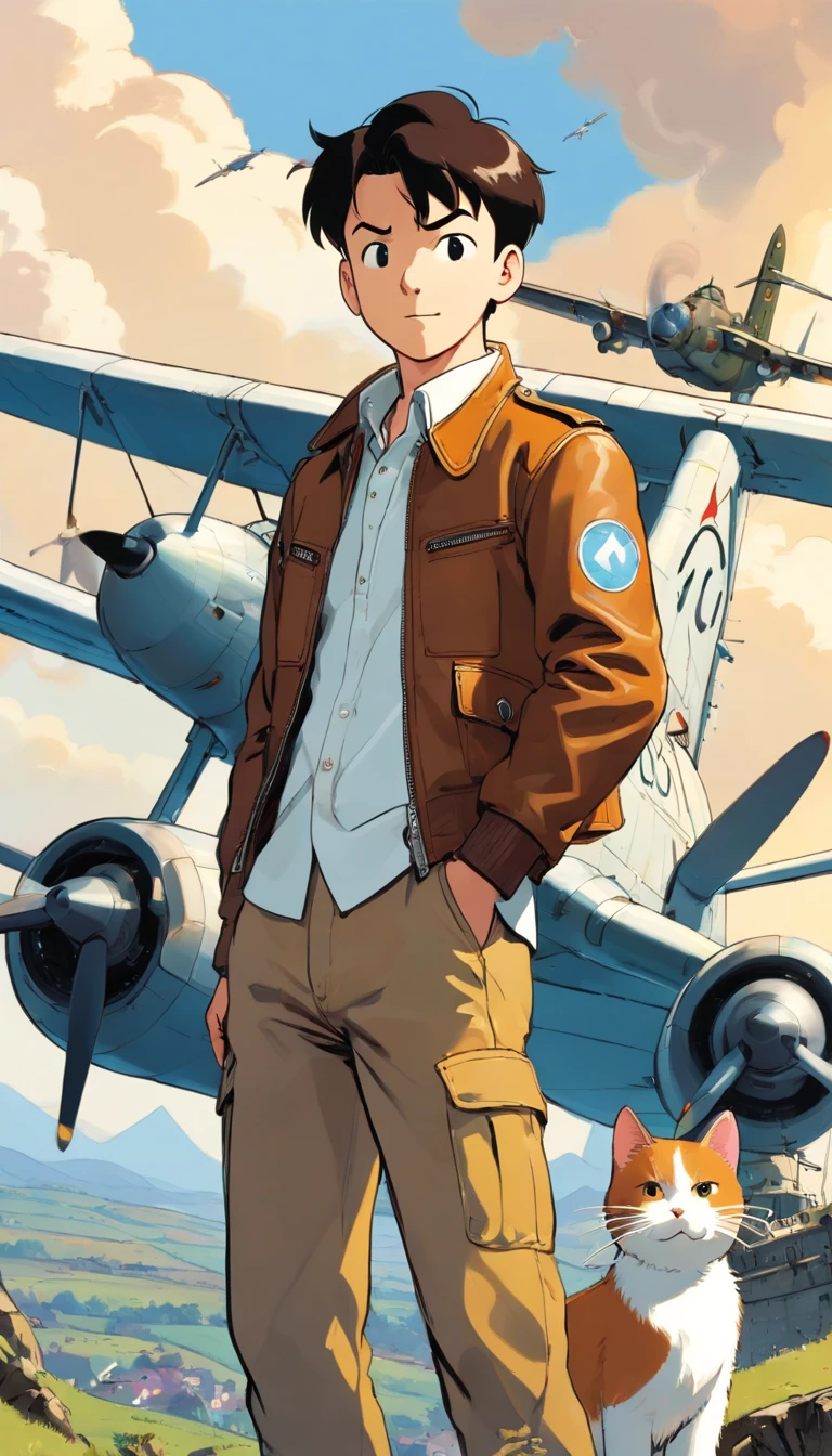 Tintin, male wearing dark brown leather jacket, white shirt and brown cargo pants, slick and neat short black hair, herge, european comics, heroic pose, world war 2 airplane background, with blue eyes white cat