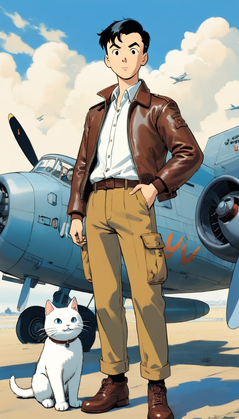 Tintin, male wearing dark brown leather jacket, white shirt and brown cargo pants, slick and neat short black hair, herge, european comics, heroic pose, world war 2 airplane background, with blue eyes white cat