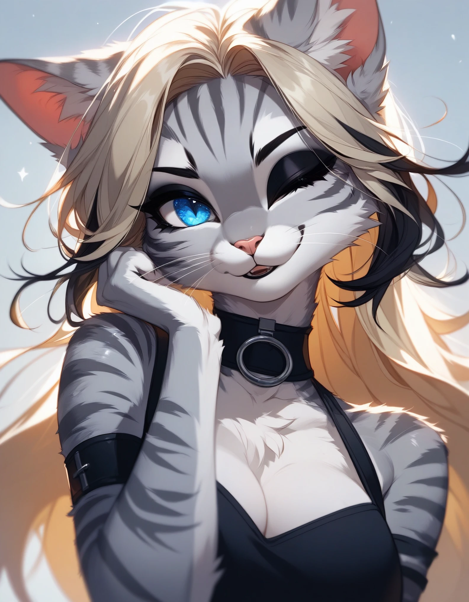 Solo, score_9,score_8_up,score_7_up, source_cartoon, source_furry, (Kat, Anthro furry feline girl, blue eyes, silver fur, grey stripes, long blonde hair with black highlights, black eyeliner, black mascara), wearing sexy goth clothing, upper body shot, cowboy shot, winking, grinning