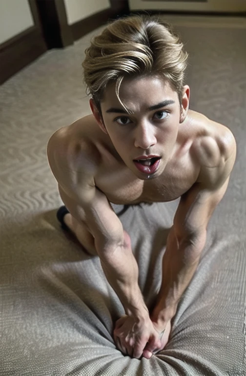 (masterpiece), (front view), (detailed face),(perfect body), clearpicture, goodquality, realistic, muscular, blond hair man, naked, tongue out, all fours