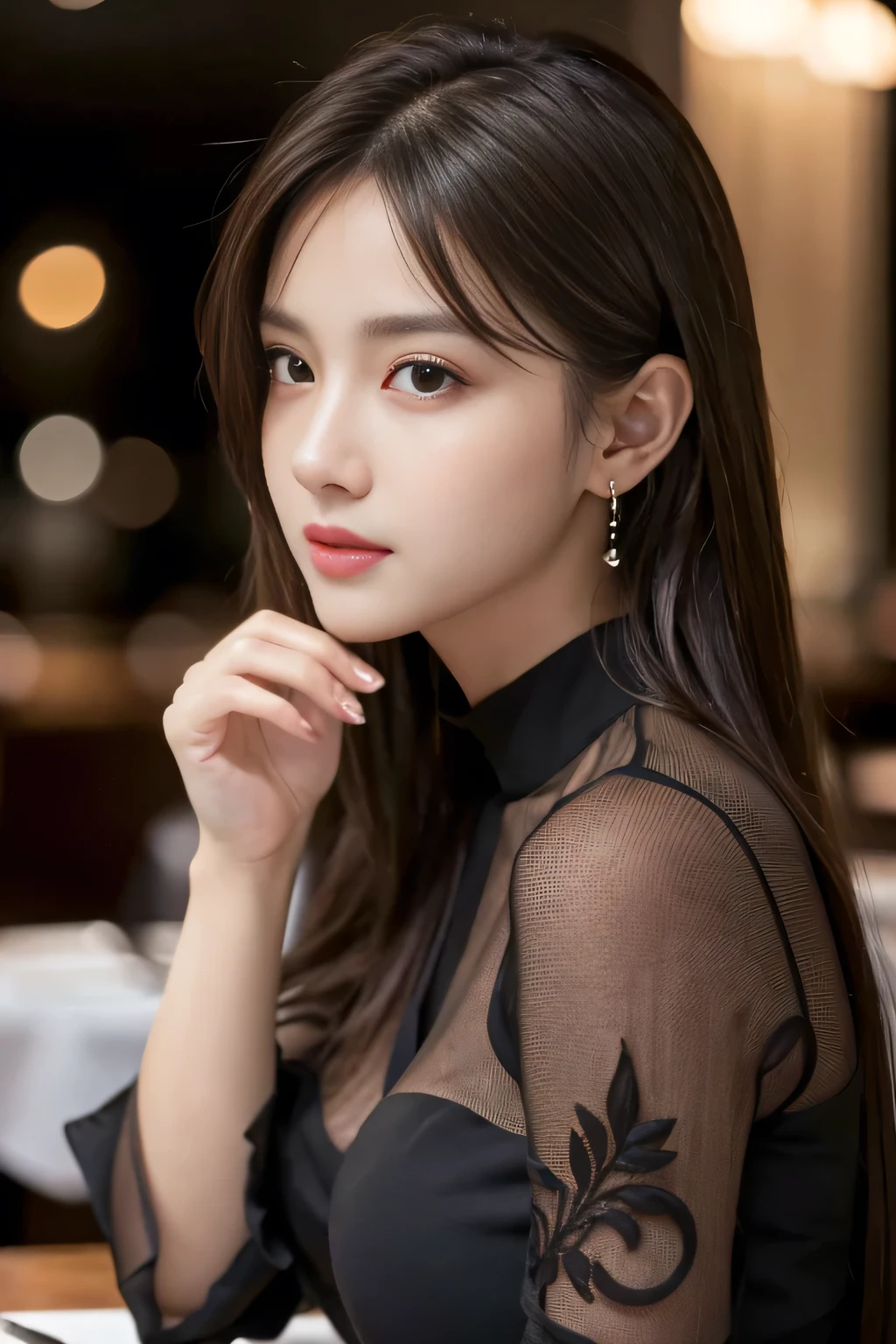 masterpiece, highest quality, Realistic, Very detailed, Finer details, High resolution, 8k wallpaper, One beautiful woman, Wear a black see-through shirt, In a great restaurant, At night, Light brown messy hair, Perfect dynamic composition, Beautiful and beautiful eyes、Big earrings