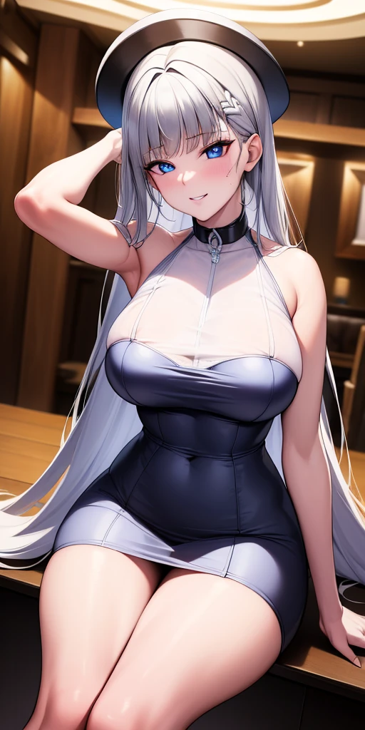((obra maestra)), ((mejor calidad)), (ultra detallado), ((extremadamente detallado)), 4k, (8K), mejor calidad, (Hermoso), estilo animado, mirar hacia arriba desde abajo, bar, noche, a pretty girl, 1 chica, solo, traje, Hermoso rainbow hair, Hermoso blue eyes, ((Hermoso eyes)), De piel blanca, pendientes, collar, sonrisa