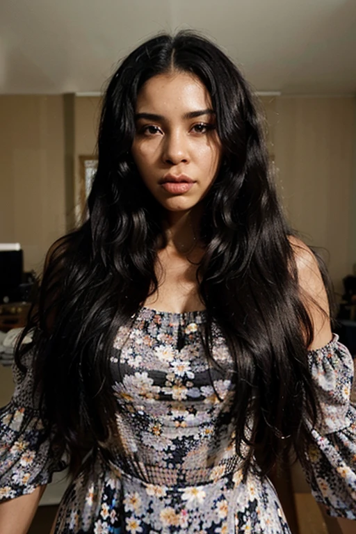 beautiful black woman 30 years old, long black hair, square defined face, big lips, angry, background in home bedroom, with floral flowy dress realistic.