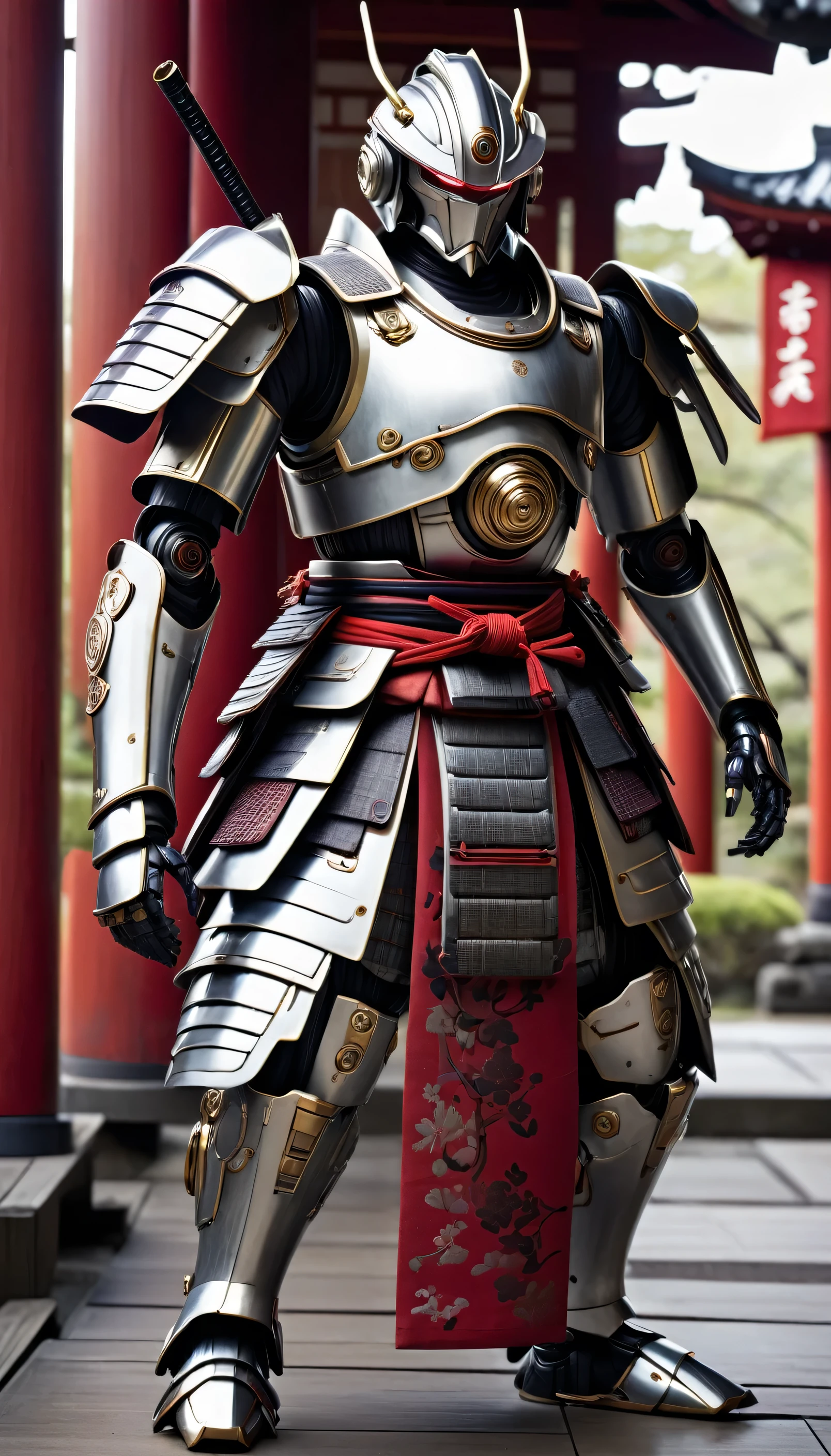 In a mystical realm, a seasoned samurai droid named Kael stands as a striking figure. Its sleek, metallic frame, weathered by years of rigorous training, is clad in traditional samurai armor. A sash cinches its waist, and its limbs are designed for fluid movement, mimicking the flow of hakama pants. Kael’s faceplate, marked by countless battles, features angular lines and intense optical sensors that seem to pierce through opponents. Its silver exoskeleton, streaked with the wear of time, reflects an aura of wisdom and experience. Kael’s overall appearance combines the elegance of samurai tradition with the advanced technology of its droid nature.