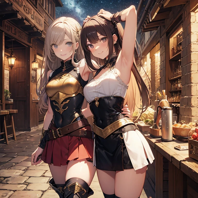 A group of female medieval fantasy adventurers, (in tavern), various hair styles, harem, night, details face, short skirt, seducing, sleeveless, armor, armpits, smile