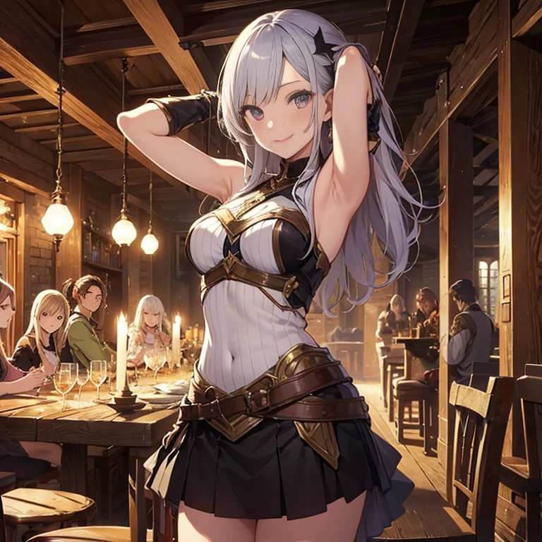 A group of female medieval fantasy adventurers, (in tavern), various hair styles, harem, night, details face, short skirt, seducing, sleeveless, armor, armpits, smile