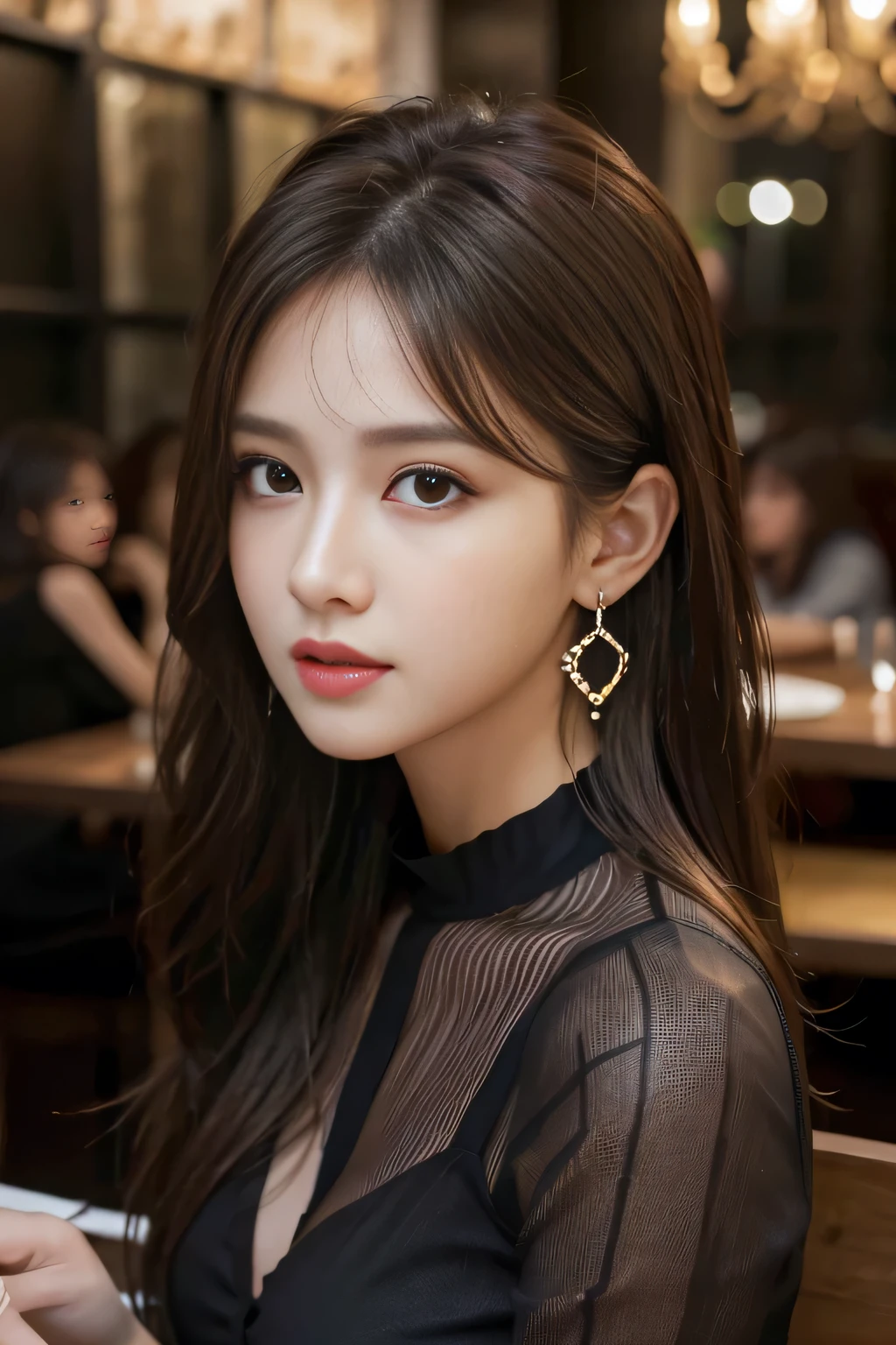 masterpiece, highest quality, Realistic, Very detailed, Finer details, High resolution, 8k wallpaper, One beautiful woman, Wear a black see-through shirt, In a great restaurant, At night, Light brown messy hair, Perfect dynamic composition, Beautiful and beautiful eyes、Big earrings