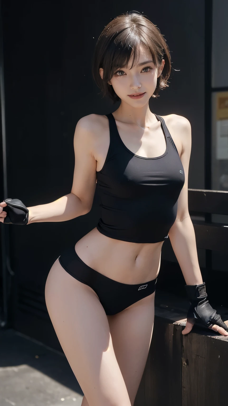 Cropped T-shirt, sports wear, Running shorts, Training room, gym, Sitting, Spread legs wide, Smiling smile, (NSFW), 1womanl, 独奏, 24 year old, 7headed body, (Ideal ratio body proportions), (Composition from head to thigh), erectile nipple, Sexy body, Wet, short-hair, small tits, A slender, Small buttocks, beauty legs, Skinny Legs, surrealism, Cinematic lighting, depth of fields, One-person viewpoint, F/1.8, 135 mm, nffsw, masutepiece, ccurate, ((Anatomically correct)), Textured skin, Super Detail, high details, High quality, awardwinning, Best Quality, hight resolution, 8K