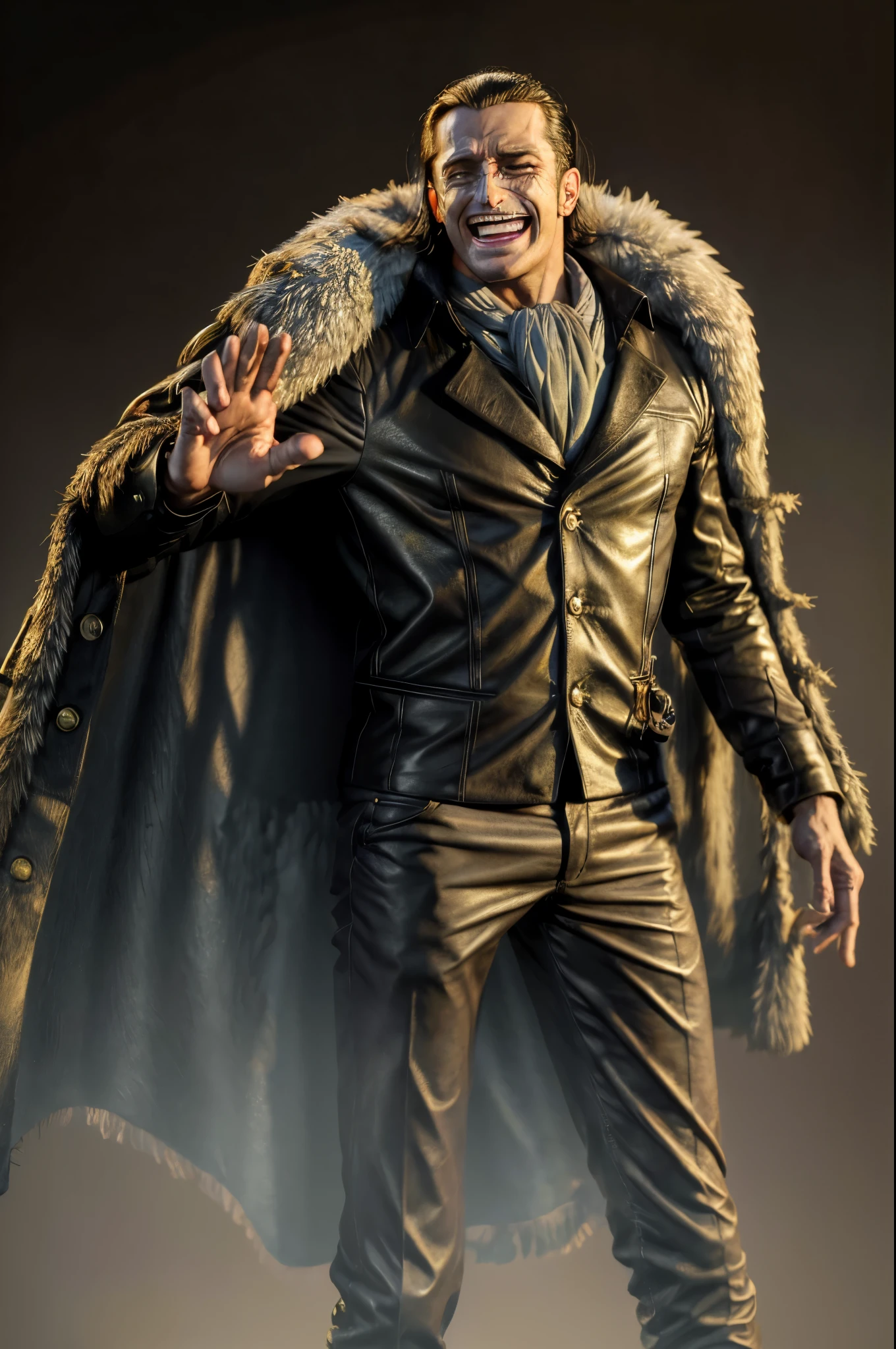 masterpiece, best quality, extremely detailed, hyperrealistic, photorealistic, a cool 40s man, ultra detailed face:1.2, fur-trimmed coat, scarf around the neck, his left hand is a golden pirate hook, raising hands, claw pose:1.2, laughing, white background