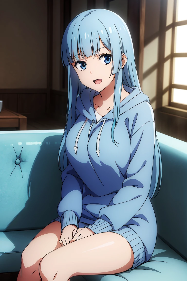 (extremely detailed CG unity 8k wallpaper),(masterpiece),(best quality),(ultra-detailed),(best illustration),(best shadow),(absurdres), Kasumi, 1girl, solo, blue hair, long hair, blue eyes, smile, holding, bangs, blunt bangs, indoors, upper body, open mouth, straight hair, long sleeves, hoodie, thick hoodie, white hoodie strings, sitting on couch, large breasts, hands in lap, thick thighs, facing camera, leaning forward in enthusiasm, looking at viewer