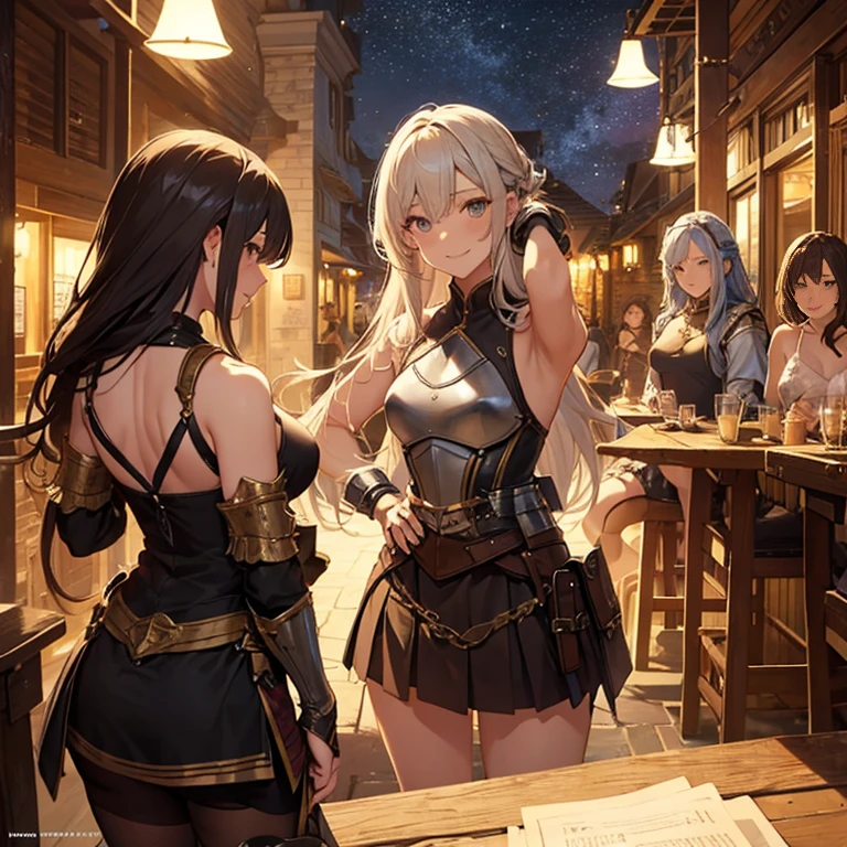 A group of  female medieval fantasy adventurers, (in tavern), various hair styles, harem, night, details face, short skirt, seducing, sleeveless, armor, armpits, smile