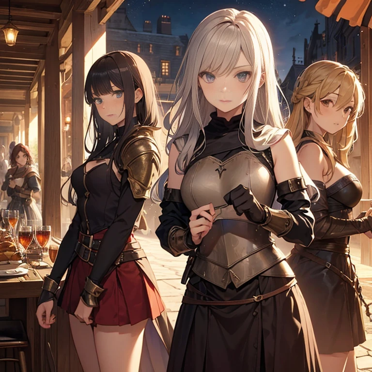 A group of  female medieval fantasy adventurers, (in tavern), various hair styles, harem, night, details face, short skirt, seducing, sleeveless, armor 