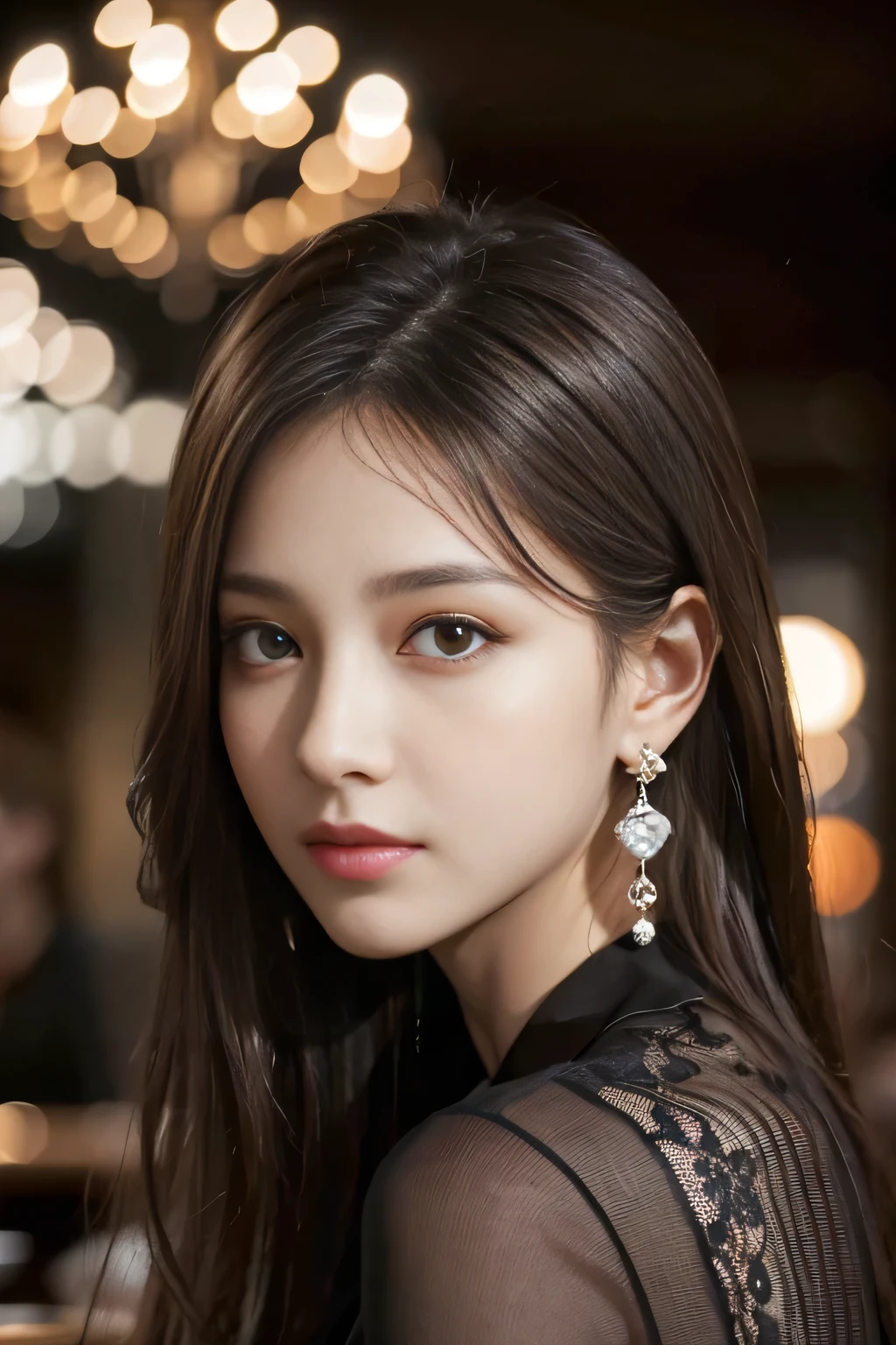 masterpiece, highest quality, Realistic, Very detailed, Finer details, High resolution, 8k wallpaper, One beautiful woman, Wear a black see-through shirt, In a great restaurant, At night, Light brown messy hair, Perfect dynamic composition, Beautiful and beautiful eyes、Big earrings