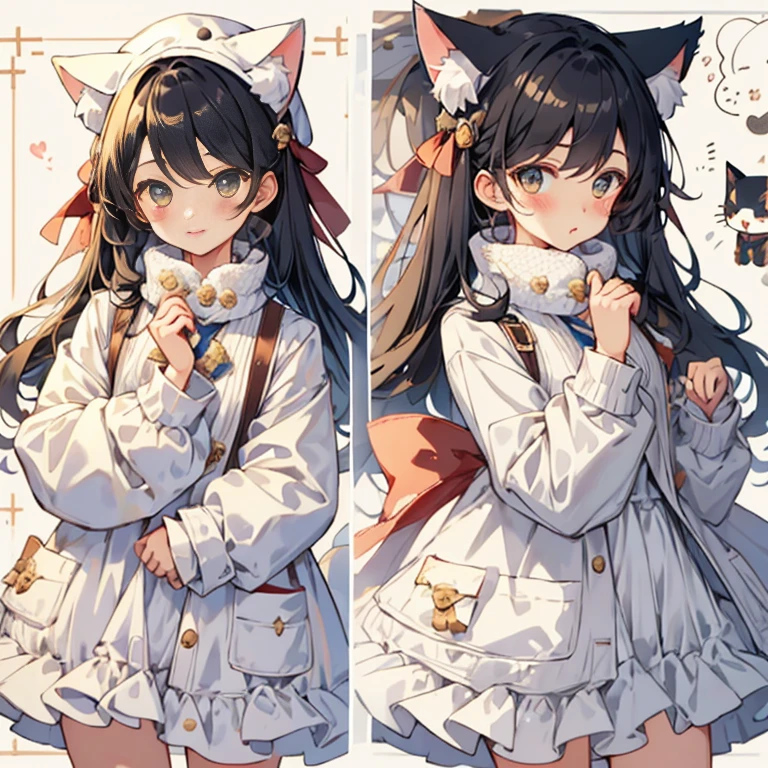 three view }sheet charcater, clothes cute, kawaii, cat hat big fluffy jacket, cat paws, cute girl,