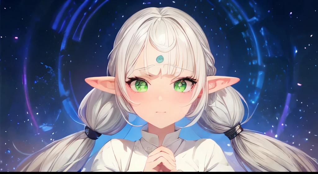 Elf Girl,White hair in twin tails、White robes and skirts、black tights、Brown boots,Green Eyes,Parted bangs,Thick eyebrows,beautiful Finger,beautiful character design, Official Art,Highly detailed CG Unity, Perfect lighting,colorful, (Highest_quality:1.0), 超A high resolution,Super detailed, High resolution, Lens flare, (beautiful_face:1.5),Tabletop,Highestquality, Magician's wand,Medieval streetscape