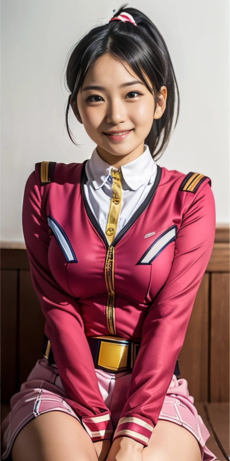 (8k、Raw photography、highest quality、masterpiece:1.2),(Black-haired、ponytail:1.7),View Audience,Viewed from the front,erotic、Spread your legs、Showing white panties,,(Super Sentai Series、Dressed in Federal uniform.:1.6)、(Clothing that emphasizes the shape of your chest:1.3)、(Big Breasts :1.3)、Slim figure、Ultra-high resolution,beautiful,beautiful fece,(alone, alone、No background:1.9),whole bodyボディー,、(black eye、Japanese women: 1.3),(Photorealistic:1.37)、Photon Mapping,reality、(Baby-faced and cute: 1.1)、(Cute Smile: 1.7)、(With a round face: 1.8)、Radio City、Physically Based Rendering、Depth of field rally background、photograph, (I can see your knees,Thigh close-up、The blue skirt is too short、Spread your legs、Showing white panties:1.1),whole body、Super quality