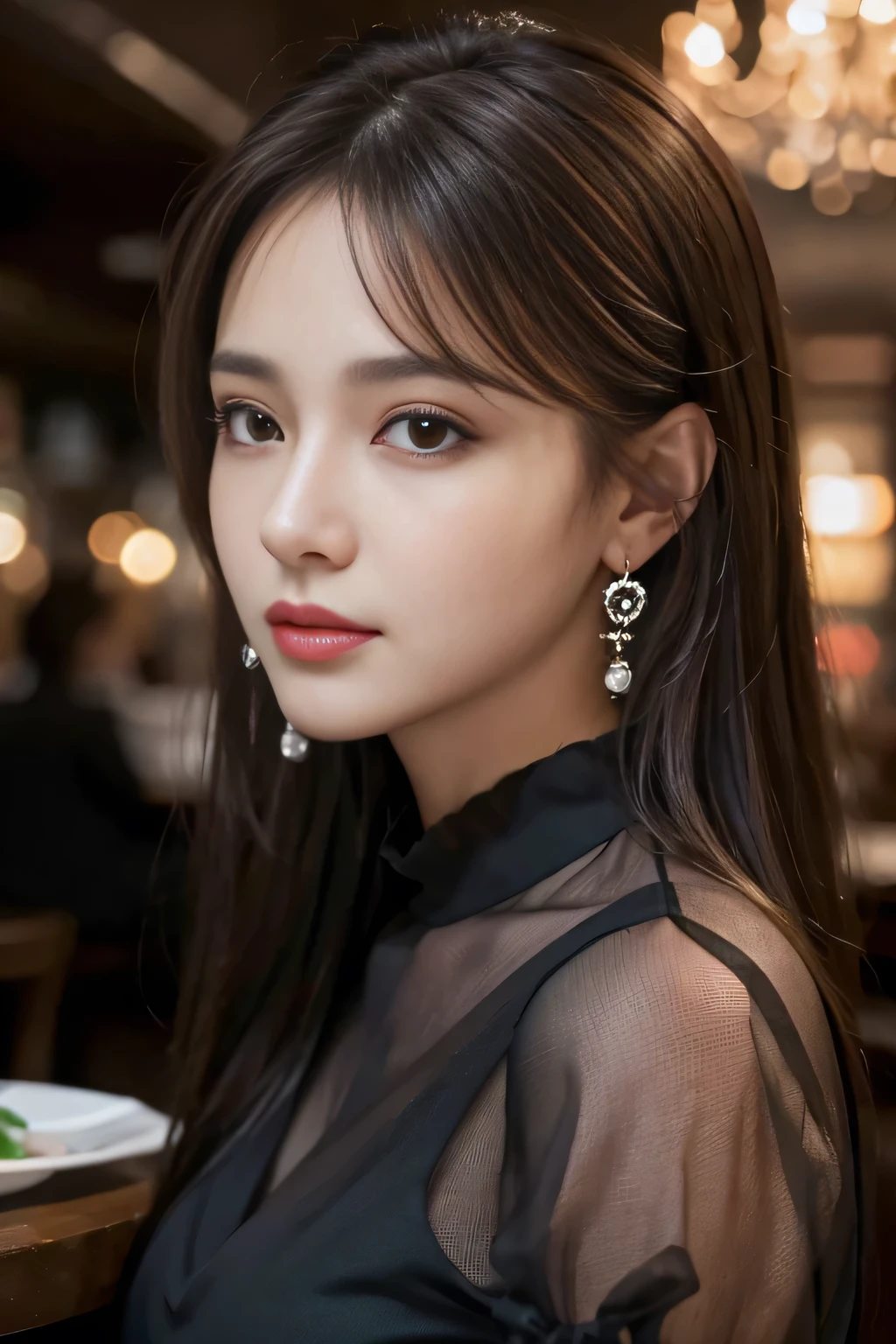 masterpiece, highest quality, Realistic, Very detailed, Finer details, High resolution, 8k wallpaper, One beautiful woman, Wear a black see-through shirt, In a great restaurant, At night, Light brown messy hair, Perfect dynamic composition, Beautiful and beautiful eyes、Big earrings
