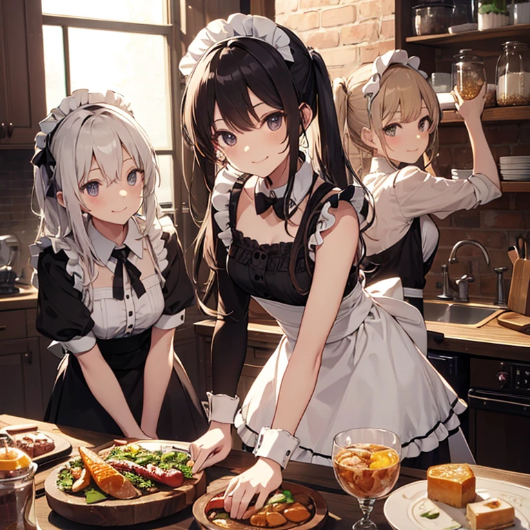 A group of  maids, (in kitchen), various hair styles, harem, night, details face, short skirt, seducing, sleeveless, smile 