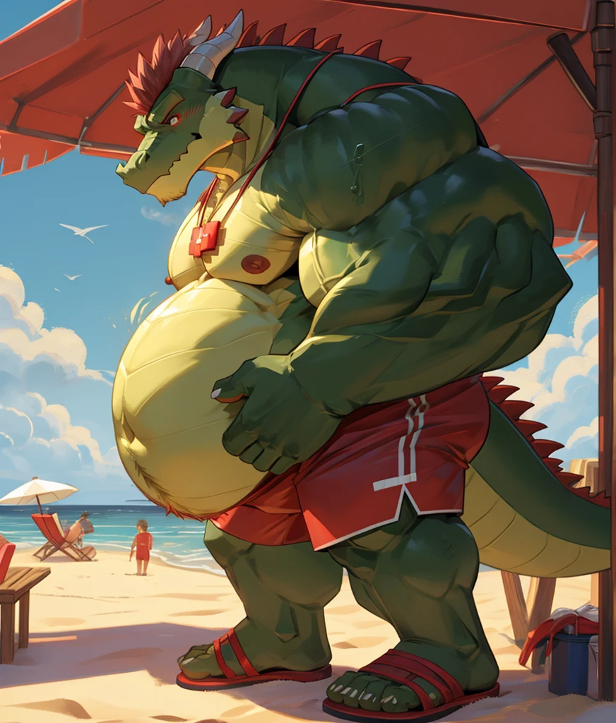 Big buff green cartoon alligator with a ginormously oversized inflated beige stomach, high green, red eyes, big bellybutton, green back, lifeguard tank top overhanging on top of his huge stomach, green necklace with dragon tooth, concerned look on his face, high pink blushing, spiky red mohawk hairline, red arm necklace, huge ginormous muscular build with nipples, body hair across his chest and oversized stomach, water dribbling from his muscular body, red lifeguard shorts, sandals, standing on a beach resort in a ready to fart position and farting out a huge enormous light green toxic gas cloud coming out of his tailhole behind him leaving a putrid smell