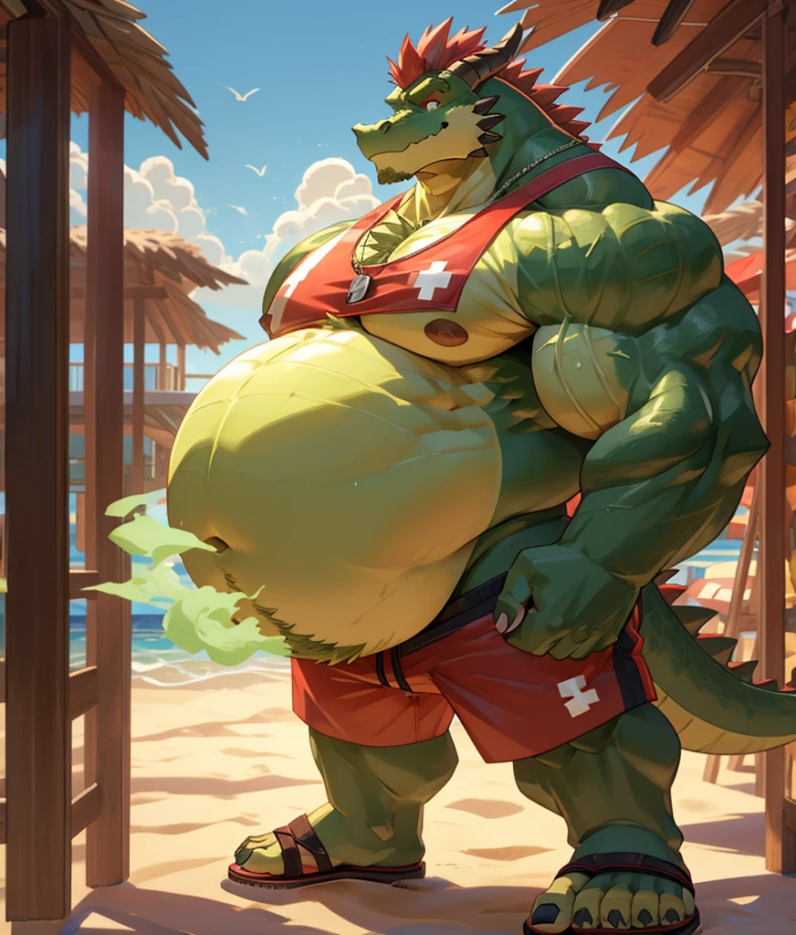 Big buff green cartoon alligator with a ginormously oversized inflated beige stomach, high green, red eyes, big bellybutton, green back, lifeguard tank top overhanging on top of his huge stomach, green necklace with dragon tooth, concerned look on his face, high pink blushing, spiky red mohawk hairline, red arm necklace, huge ginormous muscular build with nipples, body hair across his chest and oversized stomach, water dribbling from his muscular body, red lifeguard shorts, sandals, standing on a beach resort in a ready to fart position and farting out a huge enormous light green toxic gas cloud coming out of his tailhole behind him leaving a putrid smell