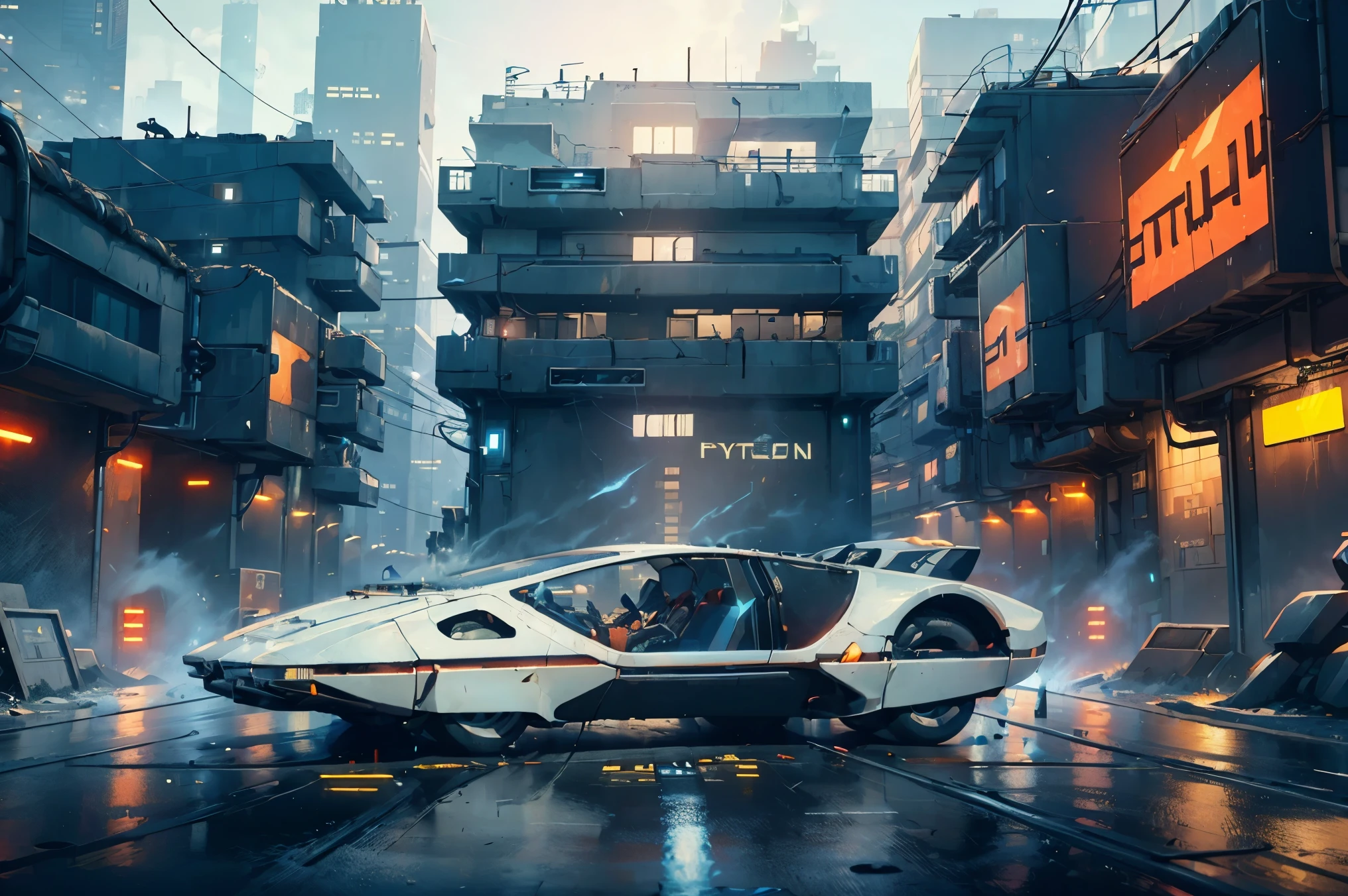 ((Cyberpunk future)), image of the center of a cyberpunk city, surrounded by buildings with a river in the middle, ferry in the city, yellow ferry, point crossing the city, advertising signs everywhere, retro future muscle car