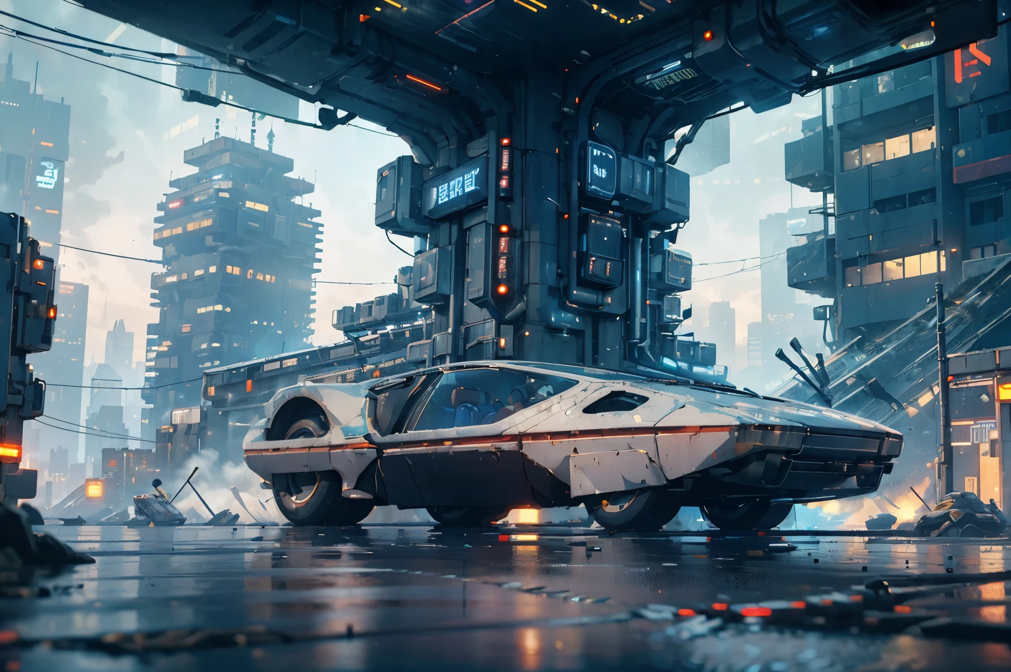 ((Cyberpunk future)), image of the center of a cyberpunk city, surrounded by buildings with a river in the middle, ferry in the city, yellow ferry, point crossing the city, advertising signs everywhere, retro future muscle car