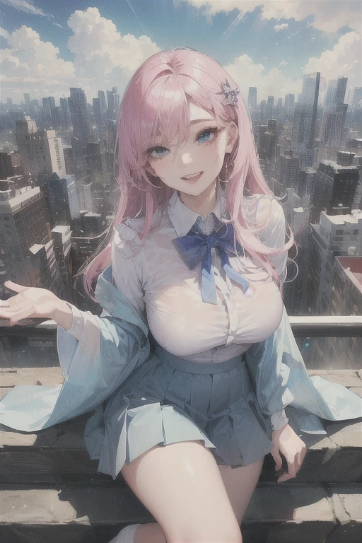 official art, masterpiece, sharp focus, (beautiful gorgeous cute Korean woman:1.3), (beautiful cute korean:1.3), korean beauty, Delicate and beautiful hair and eyes and face, realistic, ultra detailed, beautiful girl, blue sky, glow white particle, (sidelighting:1.2), sun light, white cloud, detailed clouds, slender, Lovely very large breasts and very large hips, smile with teeth, ((smile with eyes, open both eyes)), scenery, long straight hair, sexy facial expression, building, (cityscape:1.7), dynamic hair, long straight hair, detailed platinum pink hair, glow blue eyes, (blue pleated shirts + white skirt), white long socks, pale skin, hair ornament, epic scenery,
