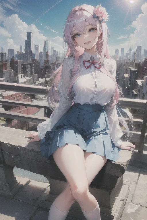 official art, masterpiece, sharp focus, (beautiful gorgeous cute Korean woman:1.3), (beautiful cute korean:1.3), korean beauty, Delicate and beautiful hair and eyes and face, realistic, ultra detailed, beautiful girl, blue sky, glow white particle, (sidelighting:1.2), sun light, white cloud, detailed clouds, slender, Lovely very large breasts and very large hips, smile with teeth, ((smile with eyes, open both eyes)), scenery, long straight hair, sexy facial expression, building, (cityscape:1.7), dynamic hair, long straight hair, detailed platinum pink hair, glow blue eyes, (blue pleated shirts + white skirt), white long socks, pale skin, hair ornament, epic scenery,