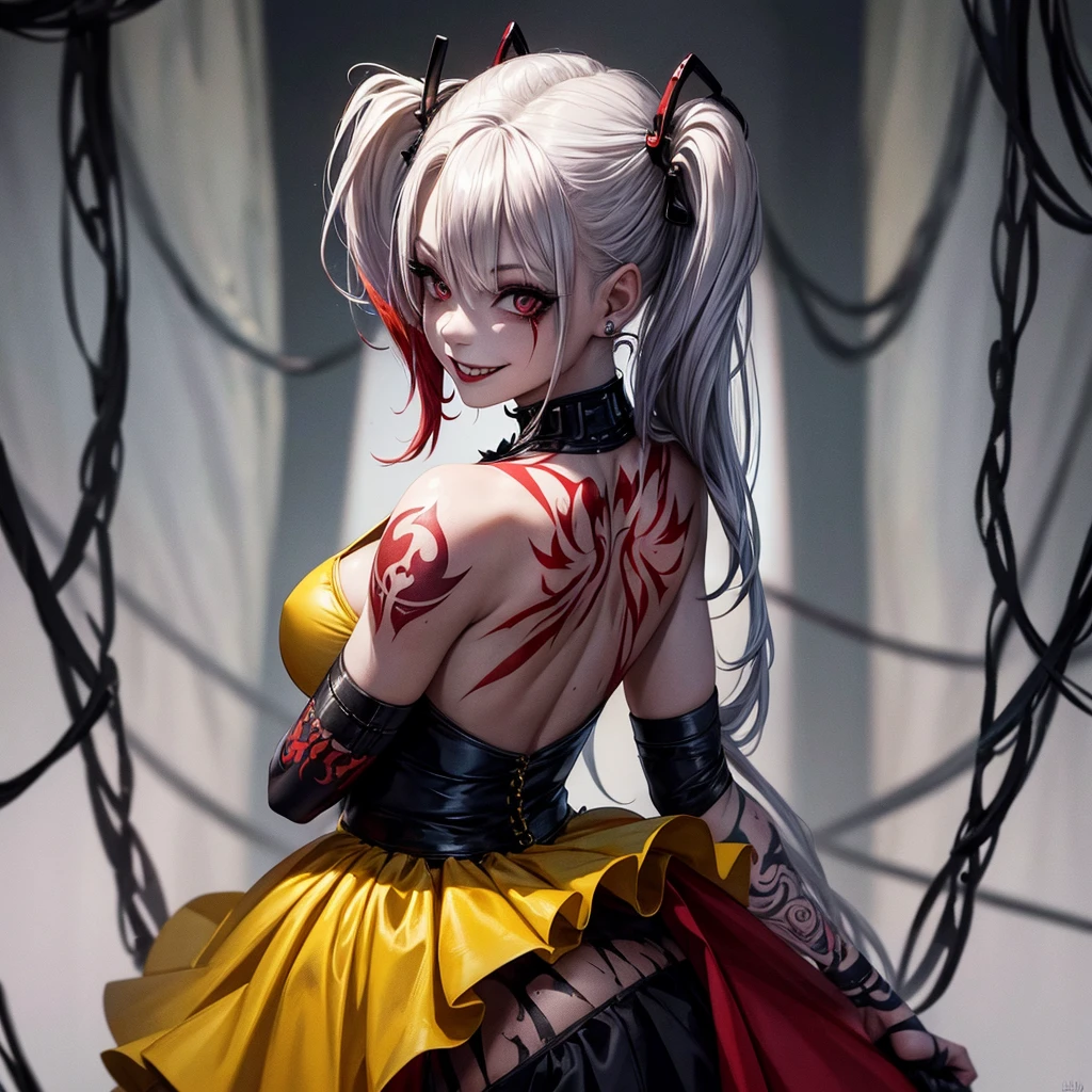 tattoo girl, very beautiful, murderous, Harley Quinn, crazed look, dark background, 8K, dynamic wallpaper, very delicate, very dense, creepy smile, close up to camera, yellow prom dress with blood splotches on the dress, prom background, back turned