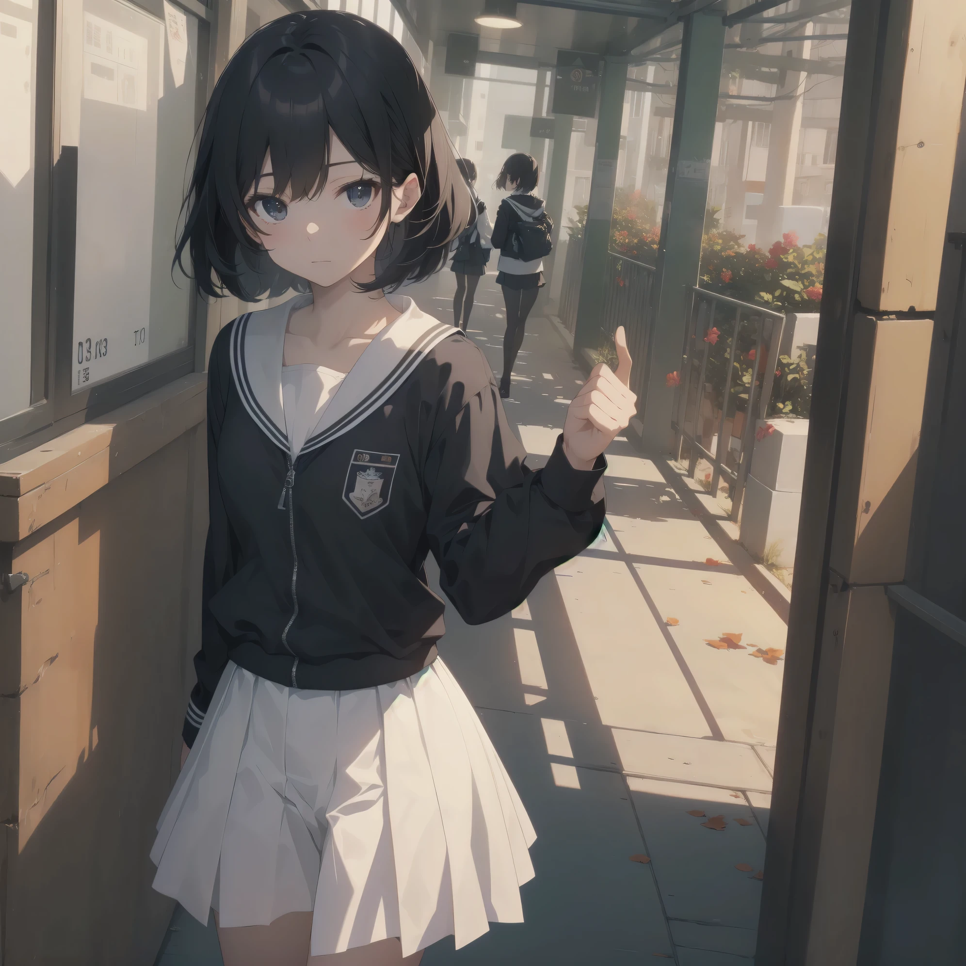 ultra-absurdres-Top quality by artist God, ultra-detailed, high resolution, anime moe artstyle, best anime 8k konachan wallpaper, pixiv contest winner, pool:2810, perfect anatomy,break, 1girl, (Please draw a girl walking sleepily to school alone. )break,(Solo,little female, 13-year-old:1.3),Full limbs, complete fingers,a junior high school student, (very short hair), short cut, flat chest, , small butt, small black eyes, beautiful detailed eyes, well-proportioned iris and pupils, expressive eyes, highres detailed hair, soft expression, salor school_uniform, sailor collar, serahuku, bow, pleated skirt,(Detailed Lighting), (Detailed background), in the School commute route. break,super detailed skin, Best cinematic lighting powered by famous artist, 8k,beauty illustration,photoshop_(medium),very aesthetic,break,((artist:yua_(checkmate) )), artist:clamp ,artist:carnelian ,artist:kantoku ,