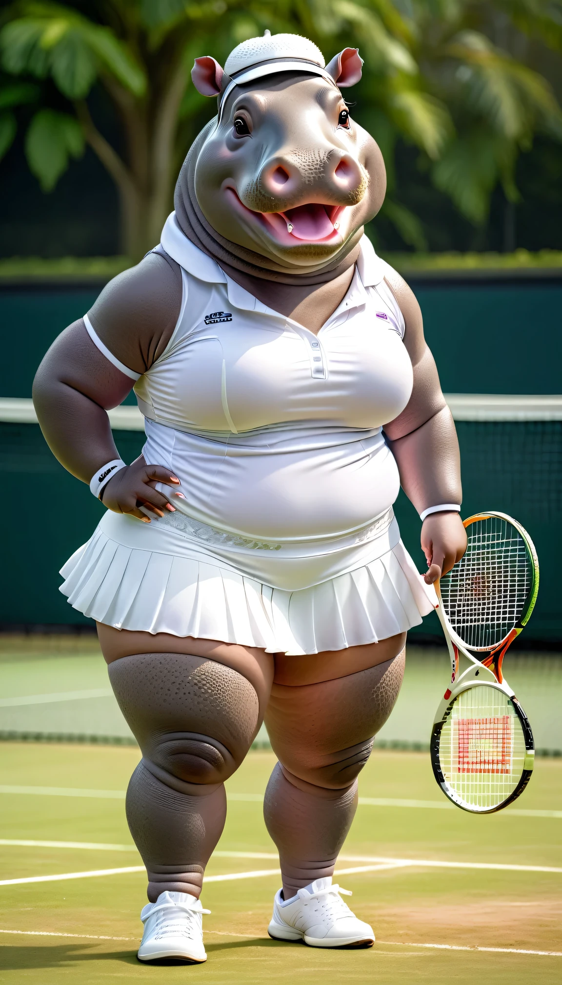 photorealistic portrait of Dressed animals - a (fat) hippo tennis player,(hand on hip:1.5),(happy smile),(furry), high quality,(lovely) ,intricate details, highly detailed (female tennis wear),white frilled skirt and underwear, holding tennis racket, grass tennis court background, (happy), perfect lighting,(full body image:2.0)