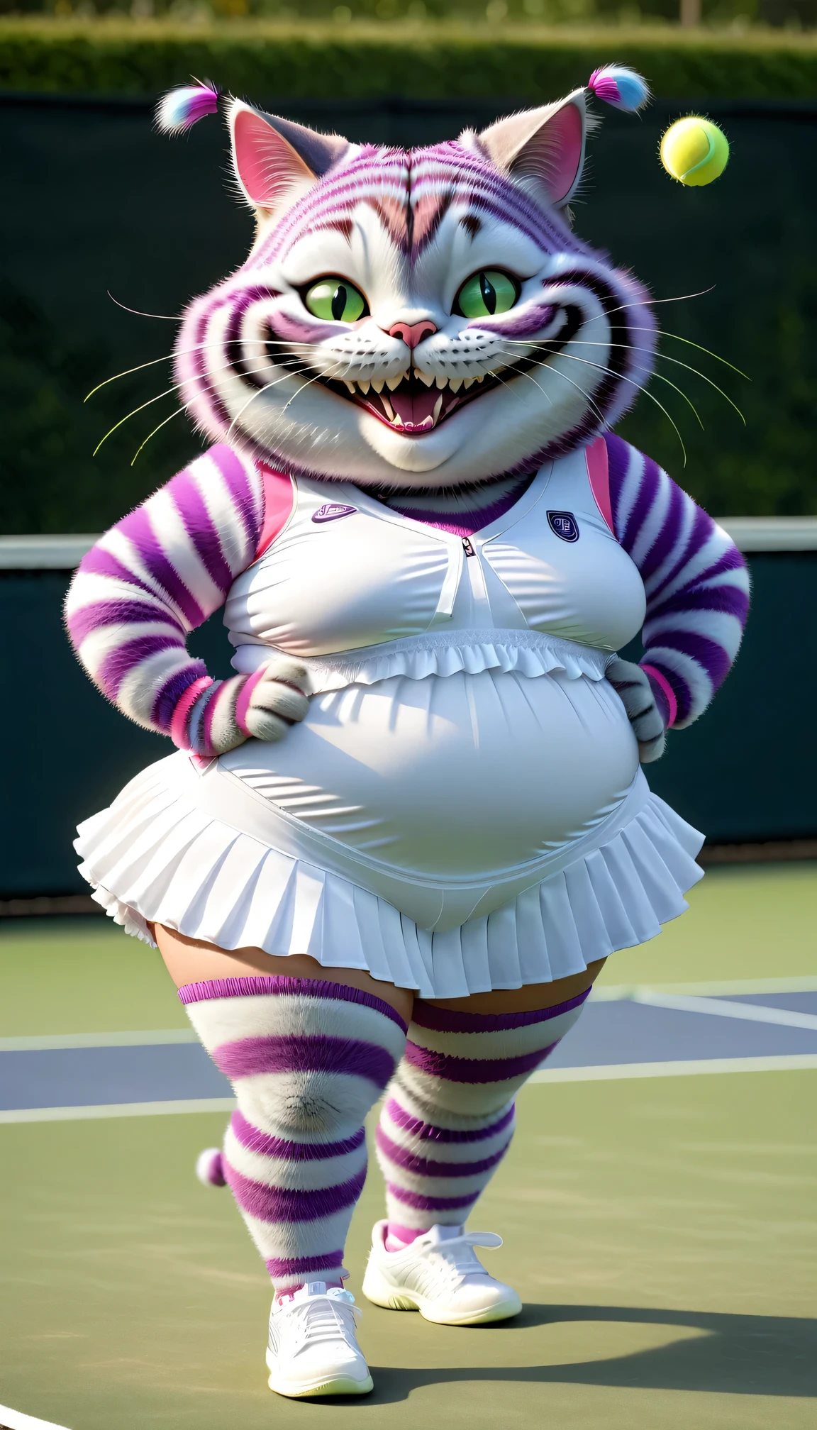 photorealistic portrait of Dressed animals - a (fat) Cheshire cat tennis player,(hand on hip:1.5),(happy smile),(furry), high quality,(lovely) ,intricate details, highly detailed (female tennis wear),white frilled skirt and underwear, holding tennis racket,　grass tennis court background, (happy), perfect lighting,(full body image:2.0)