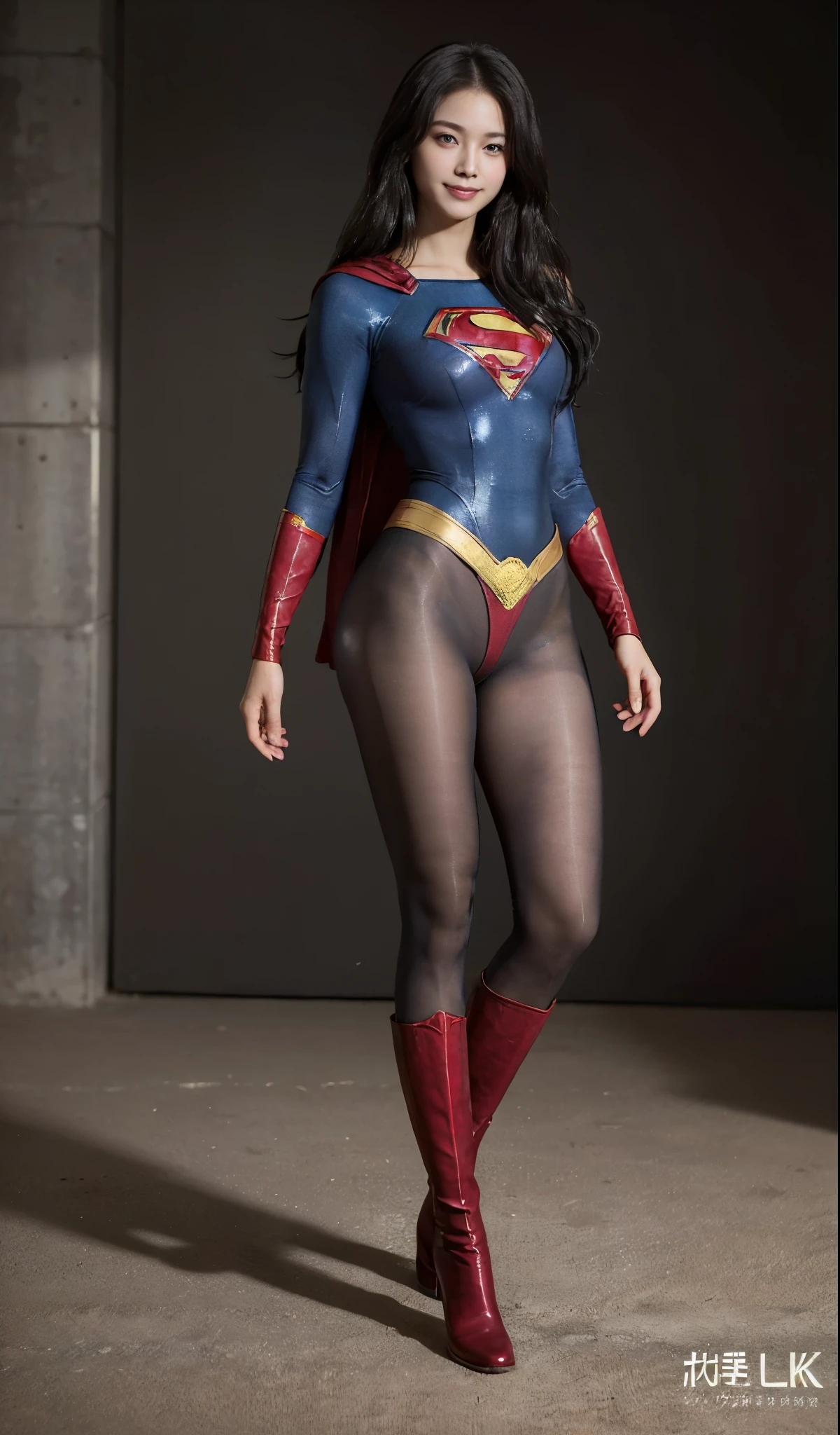 No background、(((Beautiful legs in black tights.)))、(((Legally express the beauty of your smile)))、((((Make the most of your original images)))、(((Supergirl Costume)))、(((Beautiful Hair)))、(((Smiles and winks)))、(((Please wear black tights....、Wear red boots)))、((Best image quality、8k))、((highest quality、8k、masterpiece:1.3))、(((Preserve background )))、Sharp focus:1.2、Beautiful woman with perfect figure:1.4、Slim Abs:1.2、Wet body:1.5、Highly detailed face and skin texture、8k