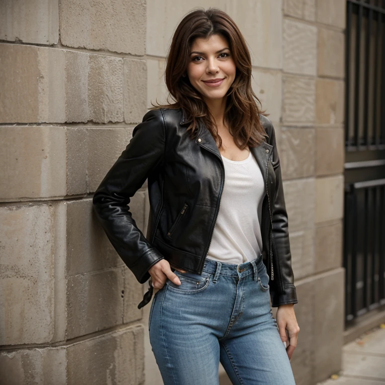 Marisa Tomei dressed in leather jacket and jeans and smiling