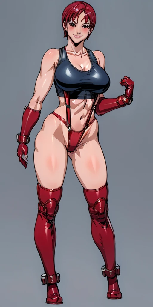 (plain background) 1sologirl (beautiful detailed eyes) (smile:1.2) (closed mouth) view from below short bob hair, perfect knockers, suspenders, toned body, ((red cheeks, red eyes, red tank top, red thong, red gloves gauntlets, red stockings thighs)) (Kei Kishimoto)